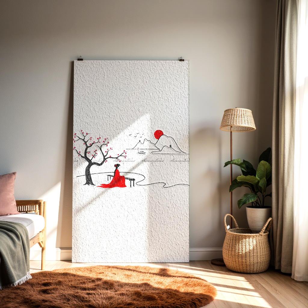 Minimalist Asian Landscape Art – Woman in Red Under Blossom Tree