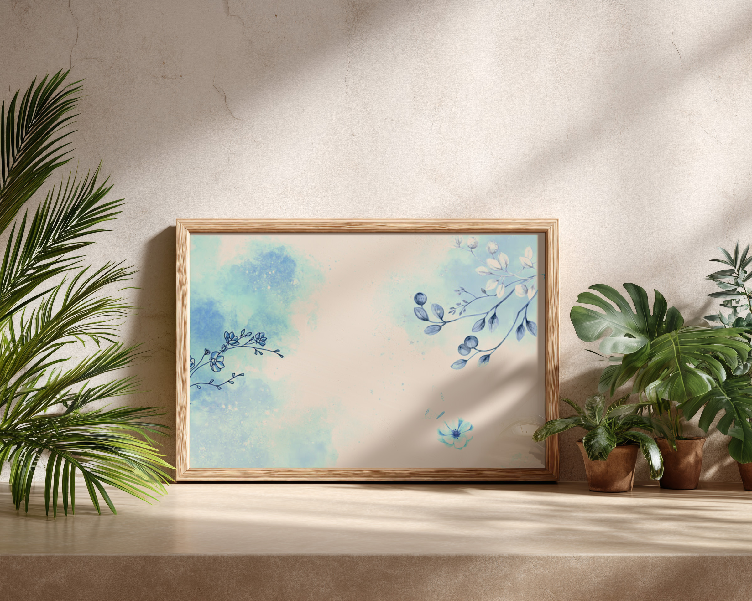 Blue Floral Watercolor Background – Elegant Botanical Art Printable Wall Decor