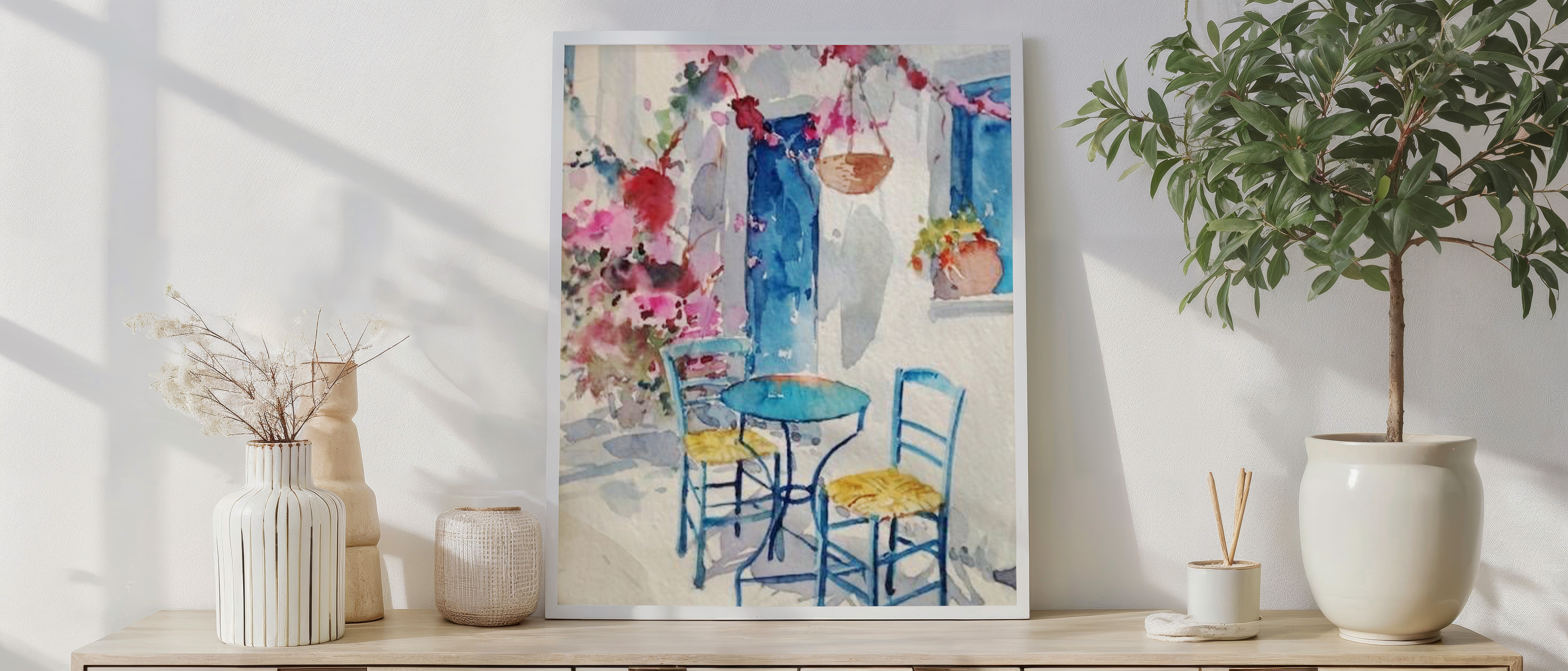 Mediterranean Patio – Blue Café Corner Watercolor Wall Art