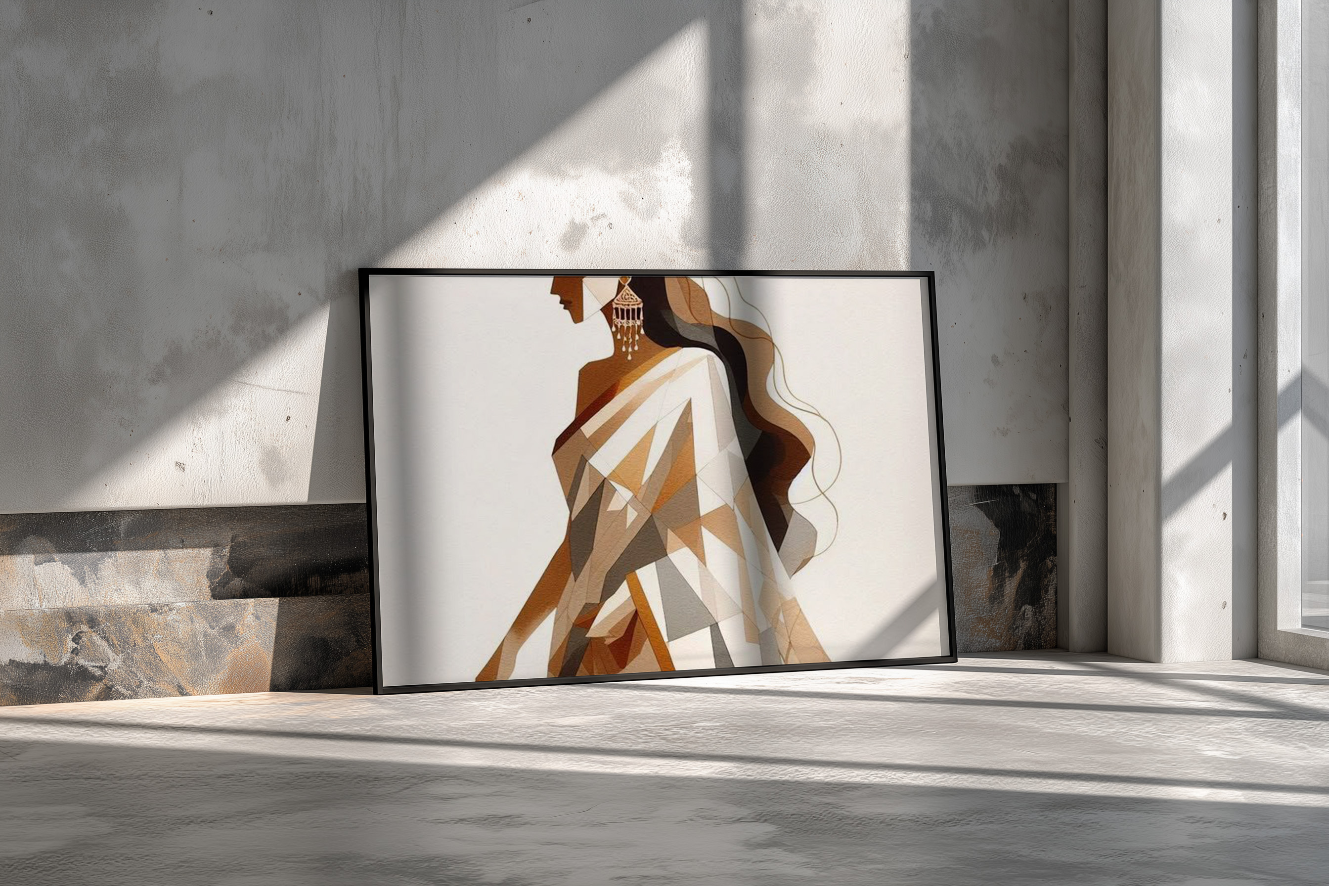 Modern Indian Woman Wall Art – Abstract Geometric Saree Design