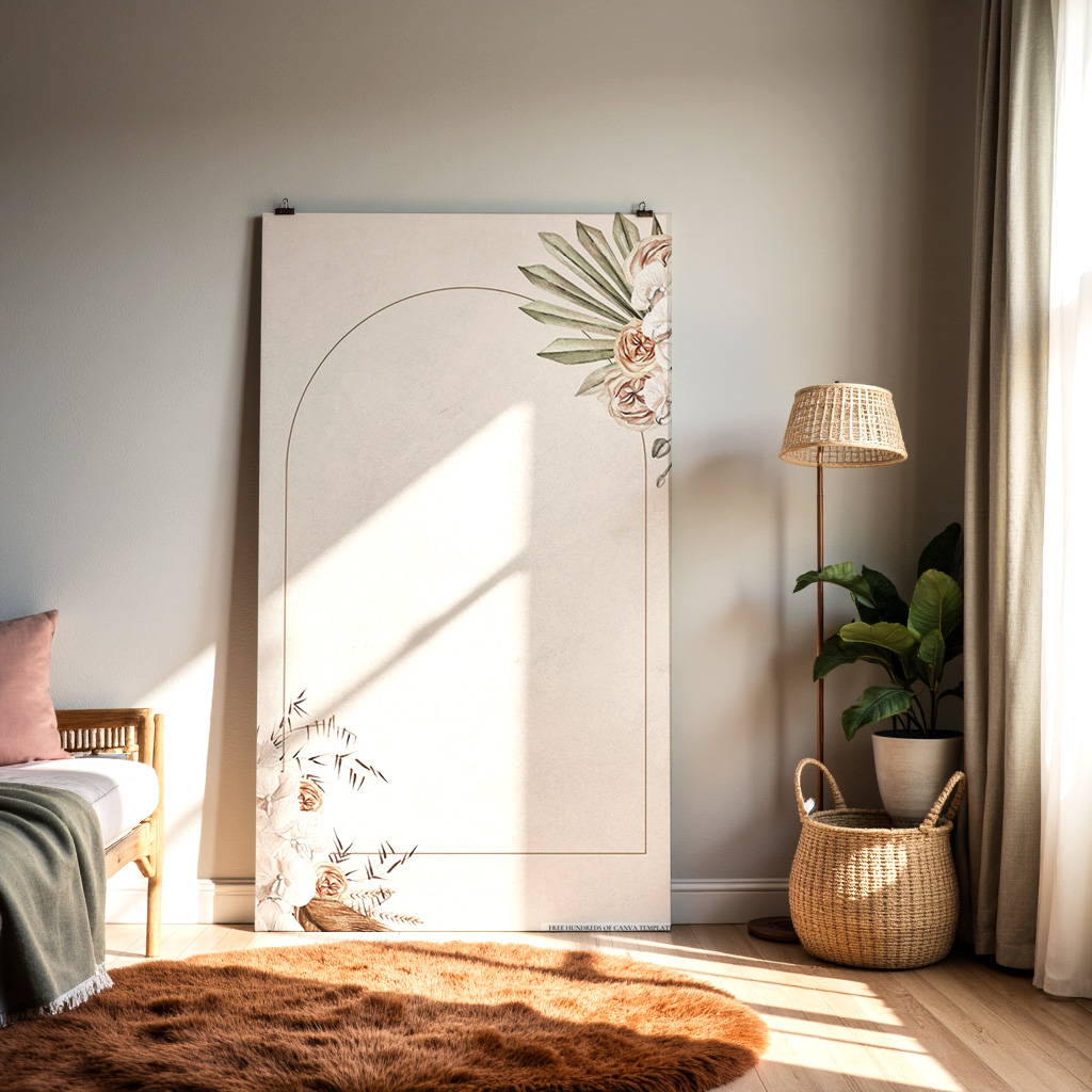 Boho Floral Arch Frame Printable – Neutral Botanical Wedding Invitation Template