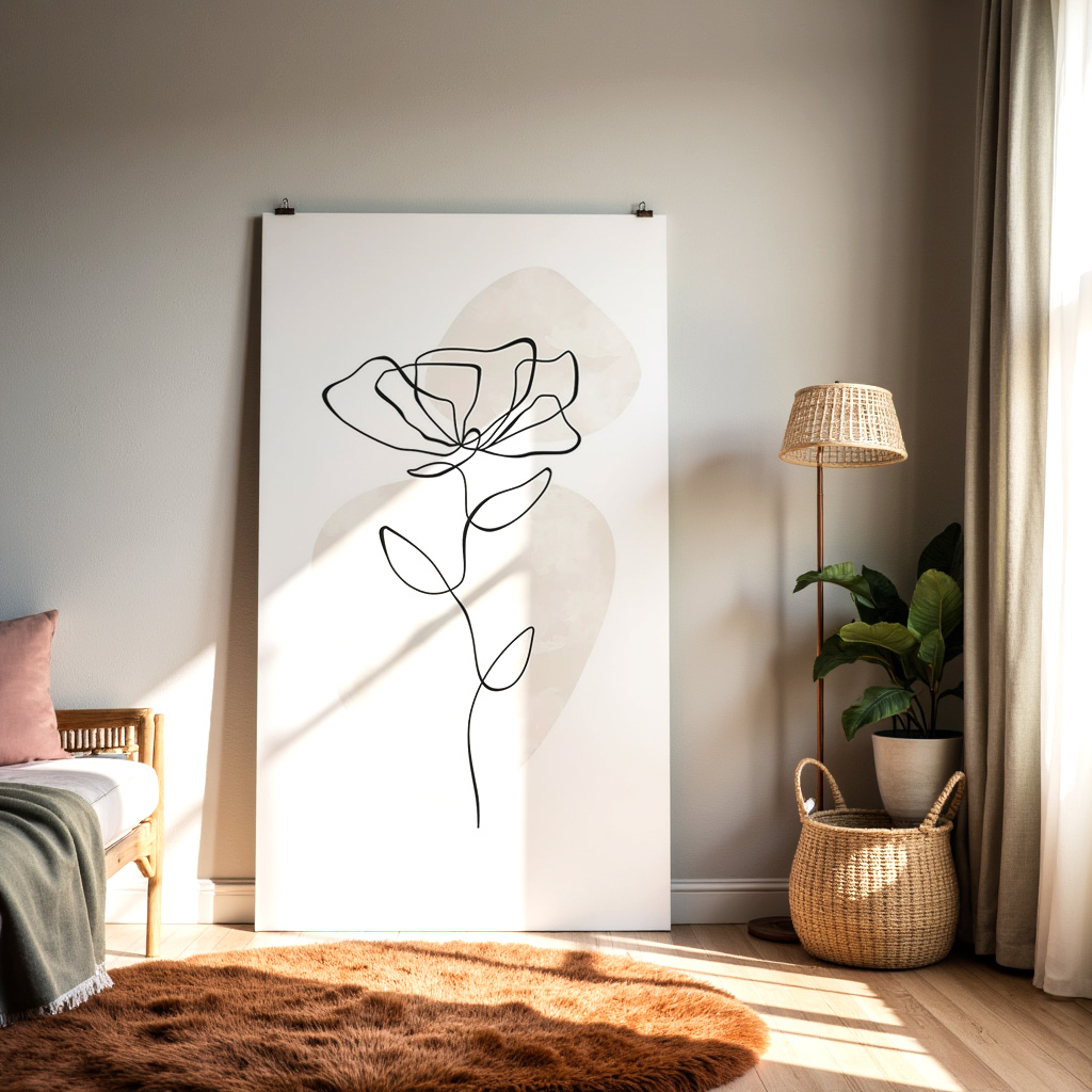 Minimalist One-Line Flower Art Print – Neutral Beige Abstract Botanical Wall Decor
