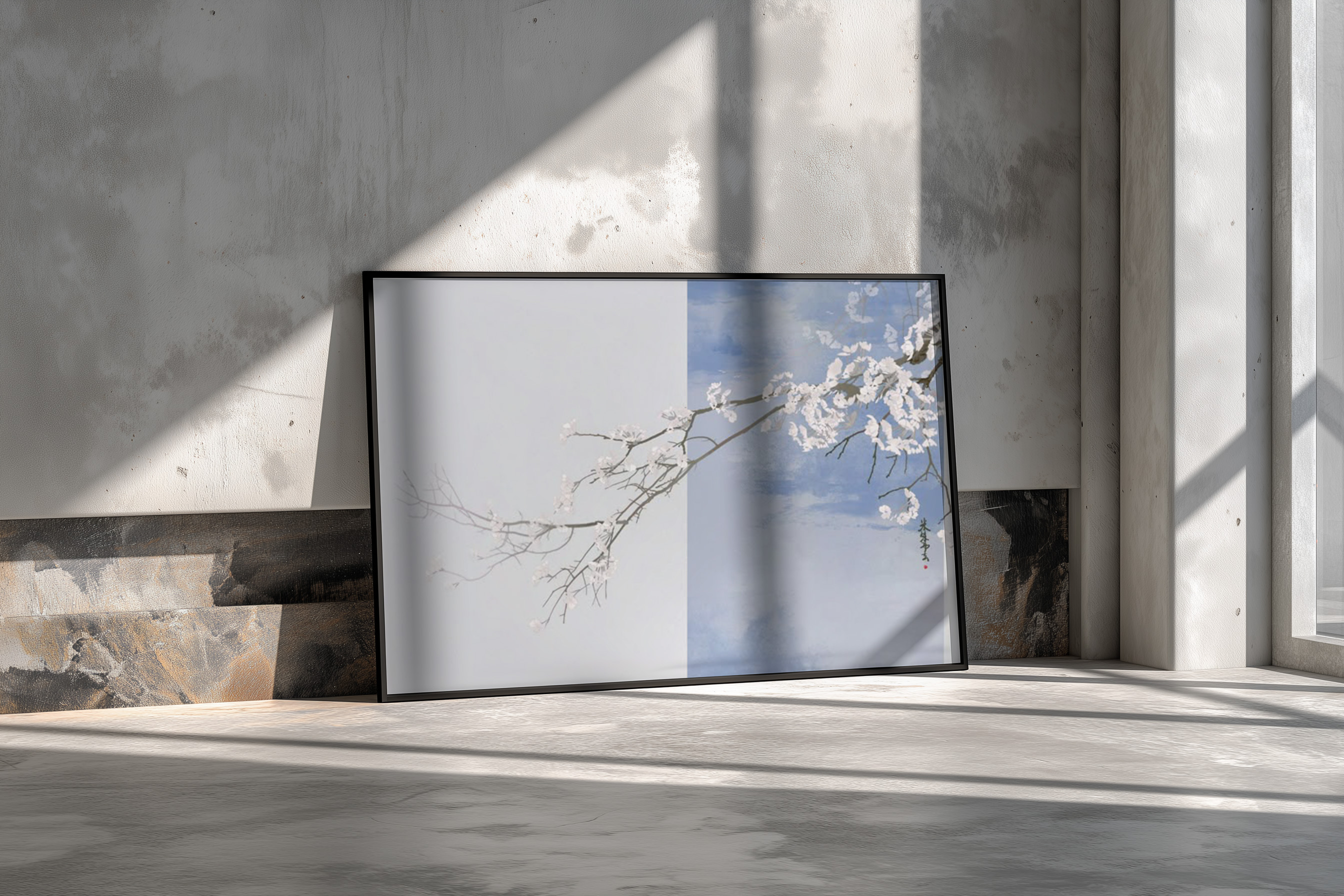 Minimalist Asian Cherry Blossom Wall Art – Soft Blue Ink Wash Floral Print