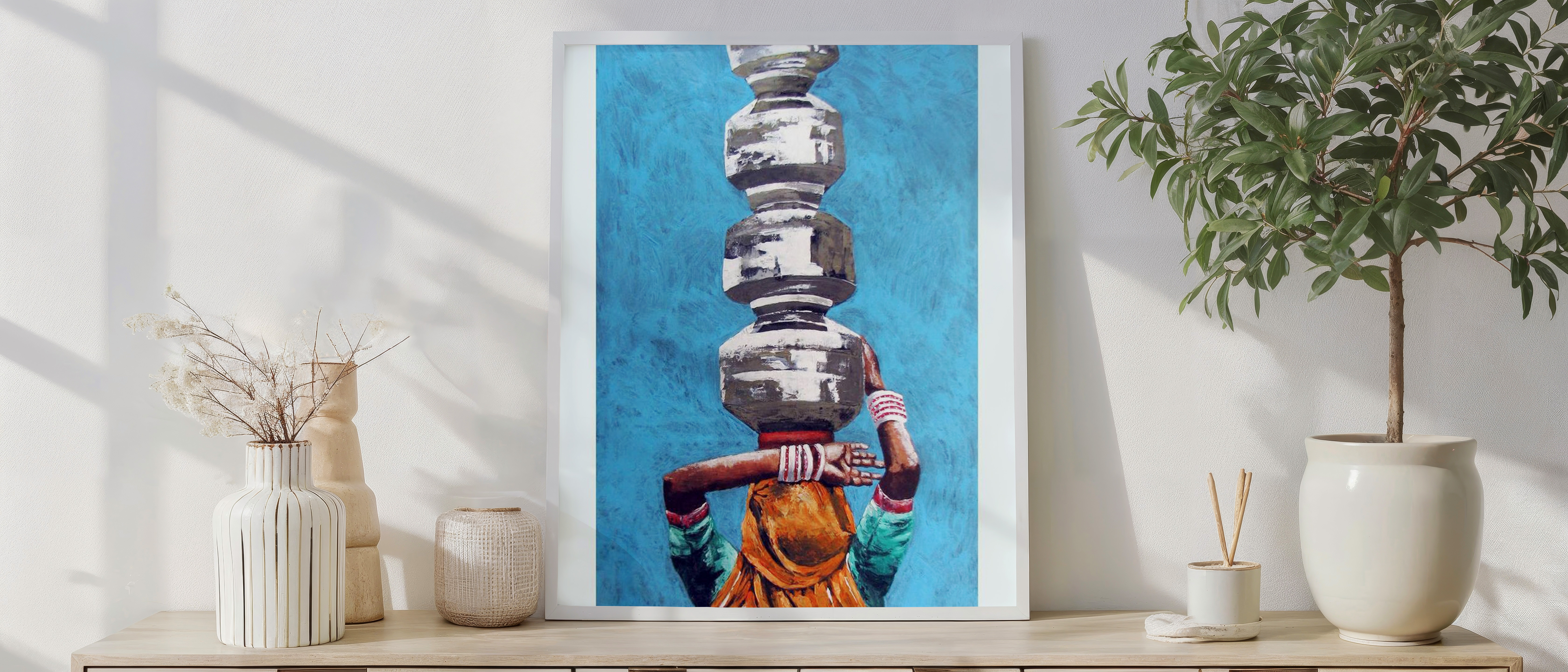 Indian Woman Carrying Water Pots Wall Art | Rural Life Painting