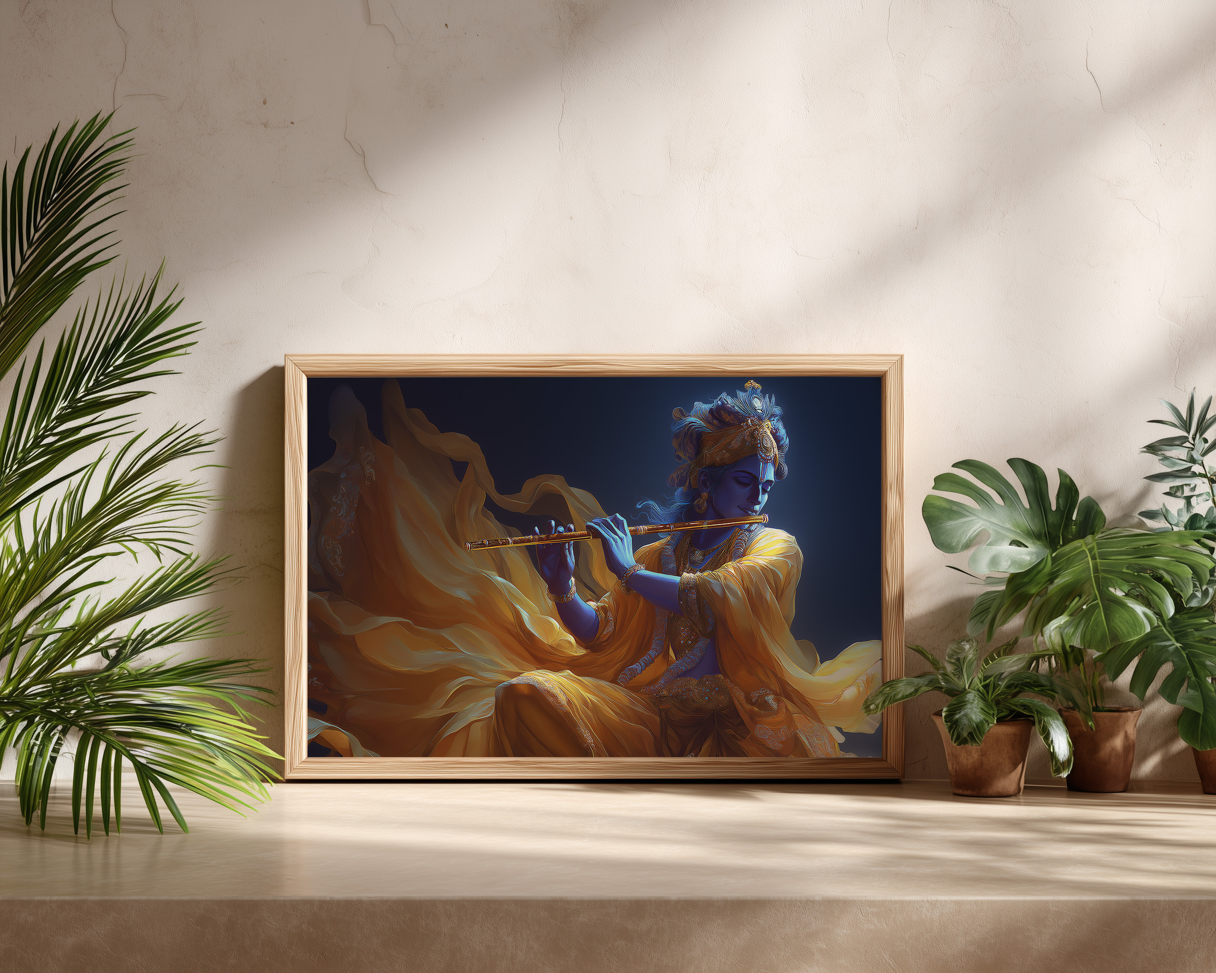 Krishna Playing the Golden Flute – Divine Night Art