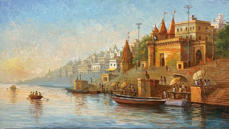 Varanasi Ghat Wall Art | Spiritual Ganges River Painting