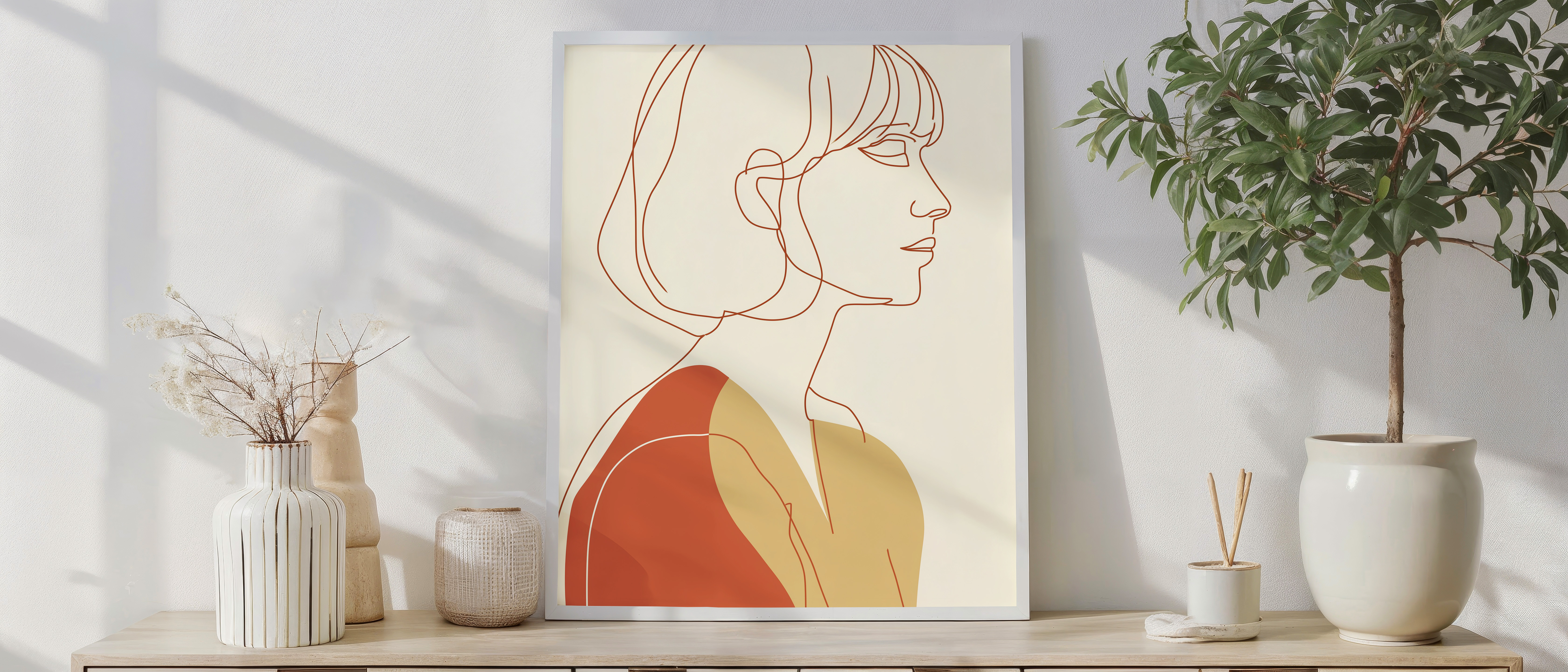Minimalist One-Line Woman Portrait – Modern Abstract Female Wall Art in Warm Earth Tones