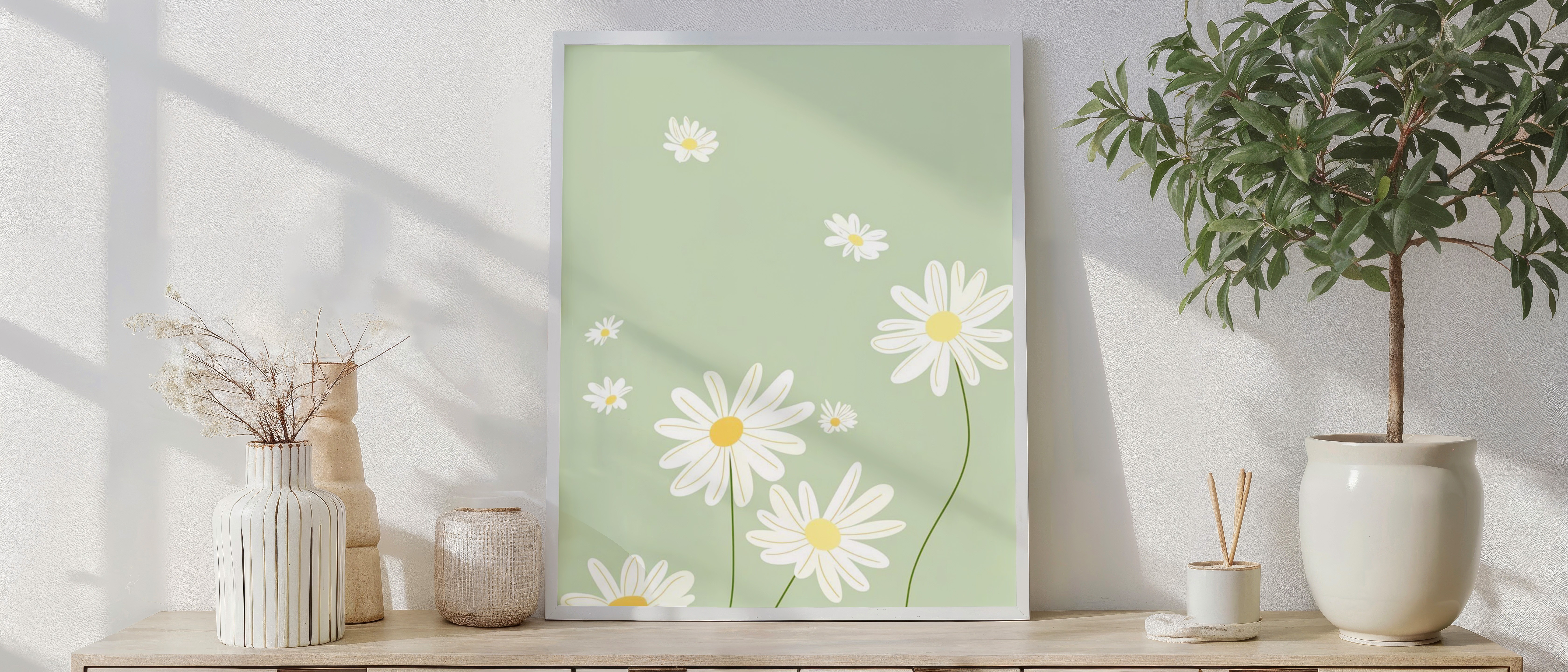 Daisy Wall Art Print – Minimalist Spring Floral Illustration, Soft Green Aesthetic Decor