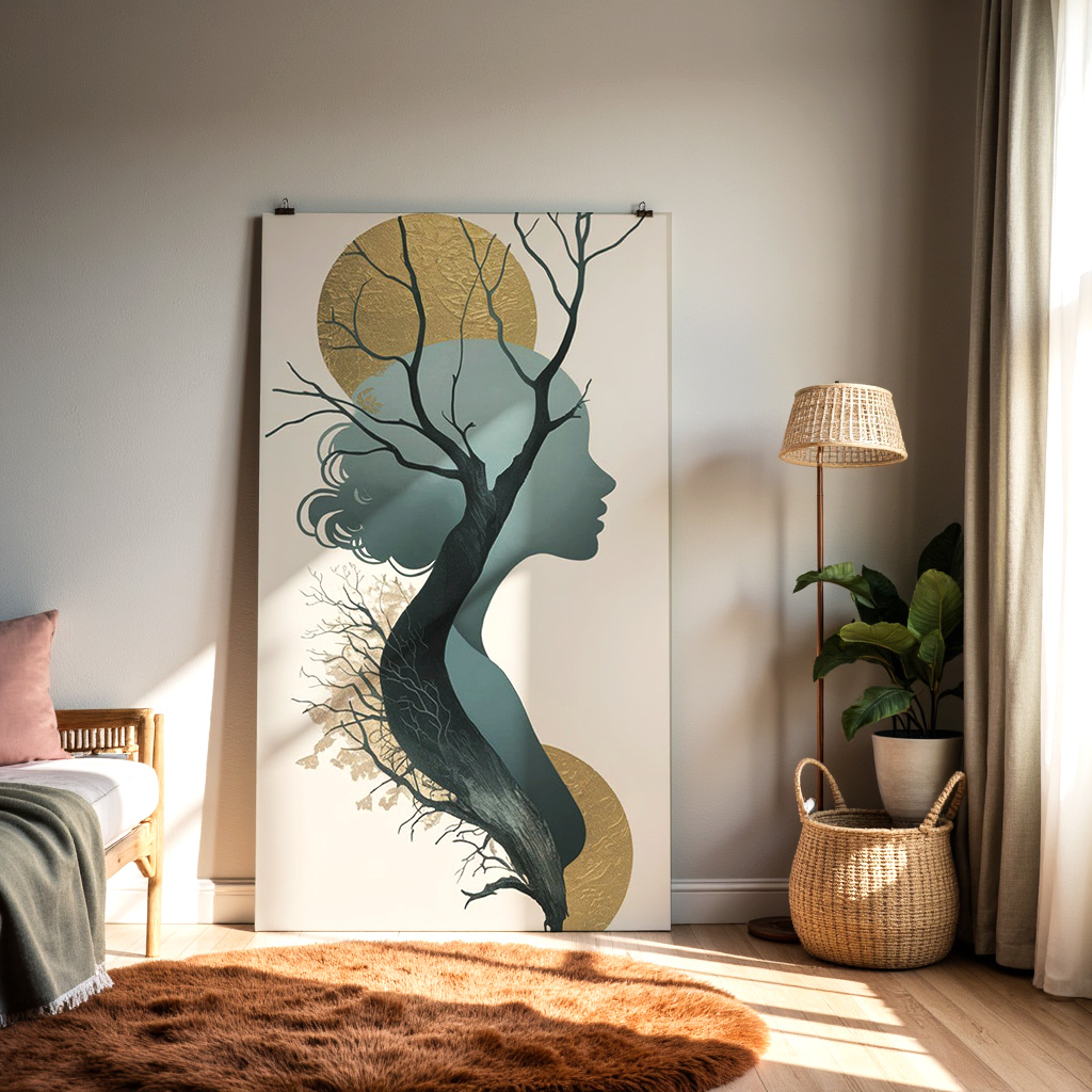 Nature and Woman Silhouette Wall Art – Abstract Gold and Teal Design