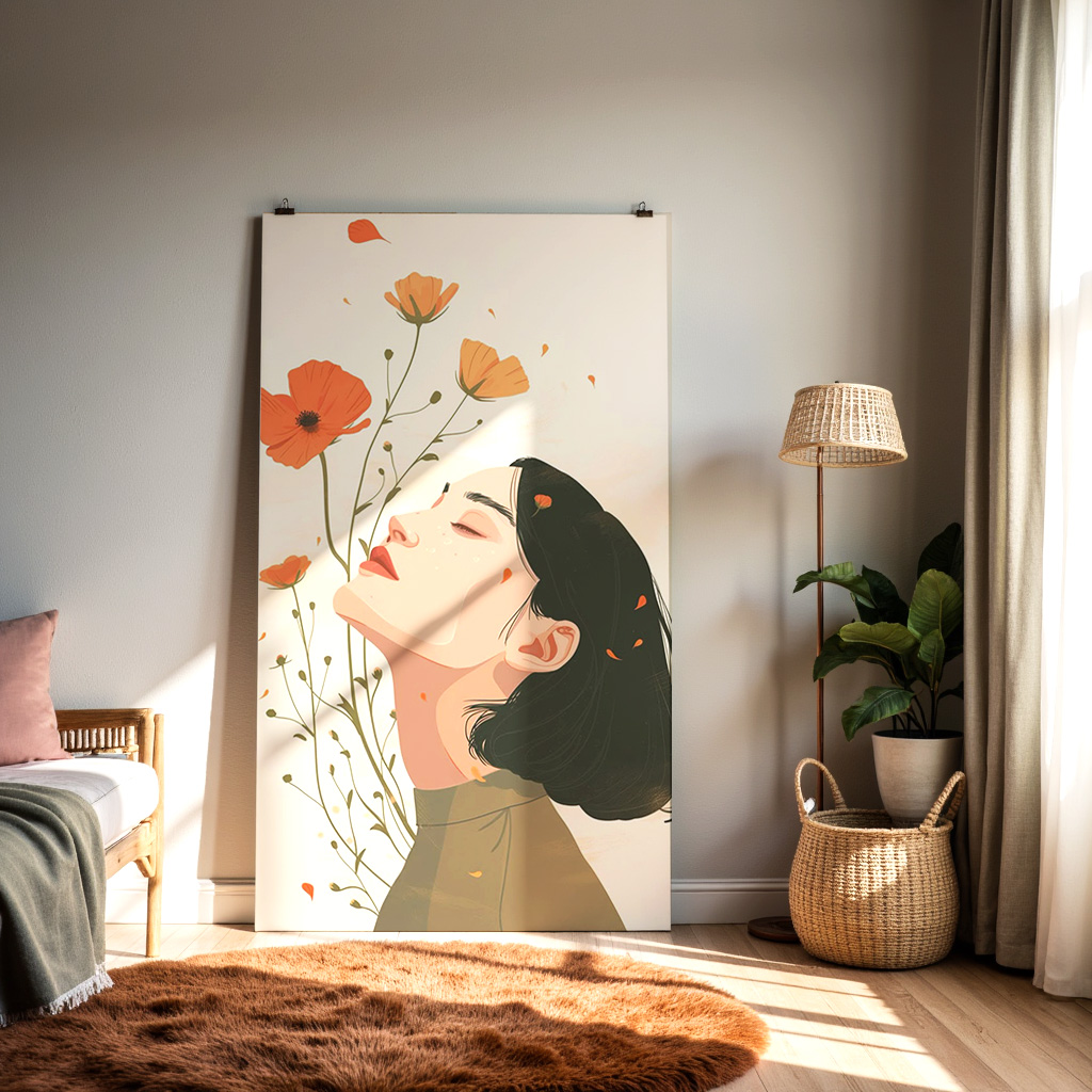 Serene Woman with Flowers – Mindful Floral Art Illustration