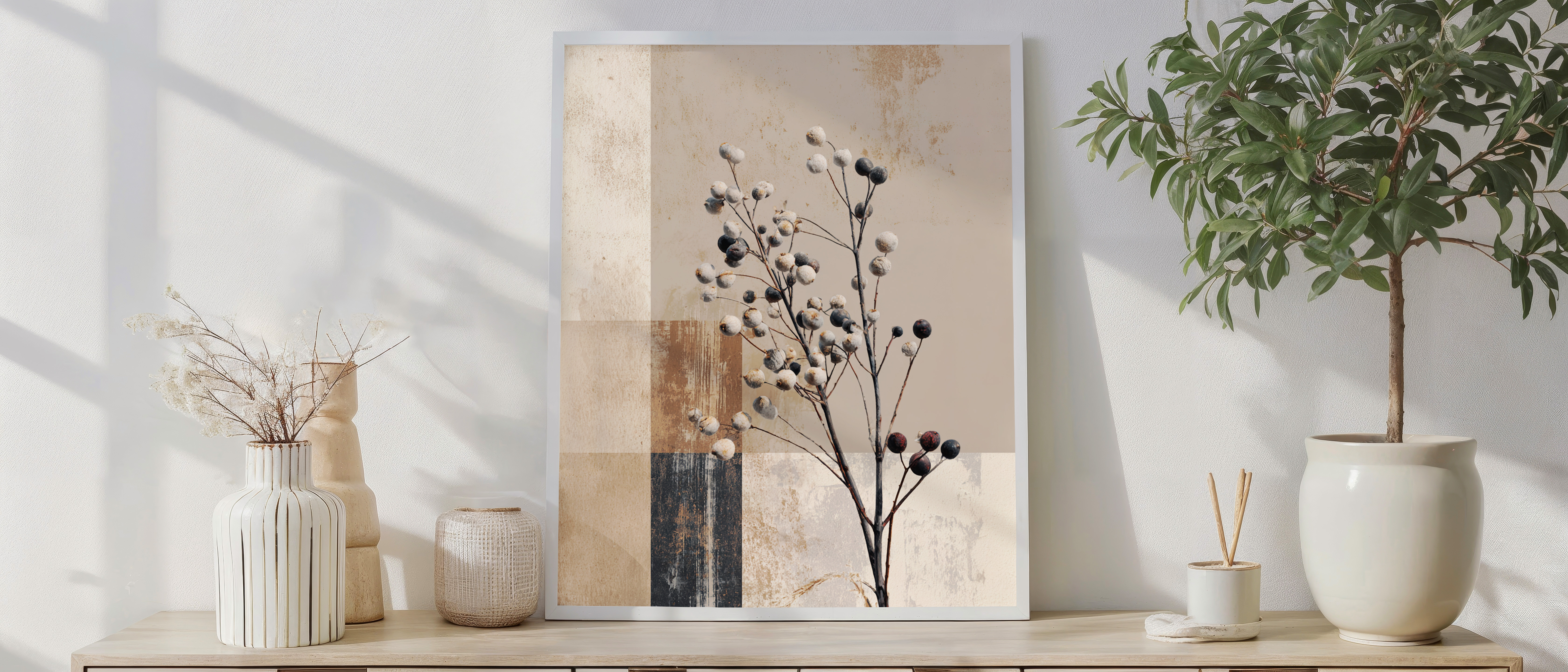 Neutral Botanical Wall Art – Minimal Rustic Berry Stem Print