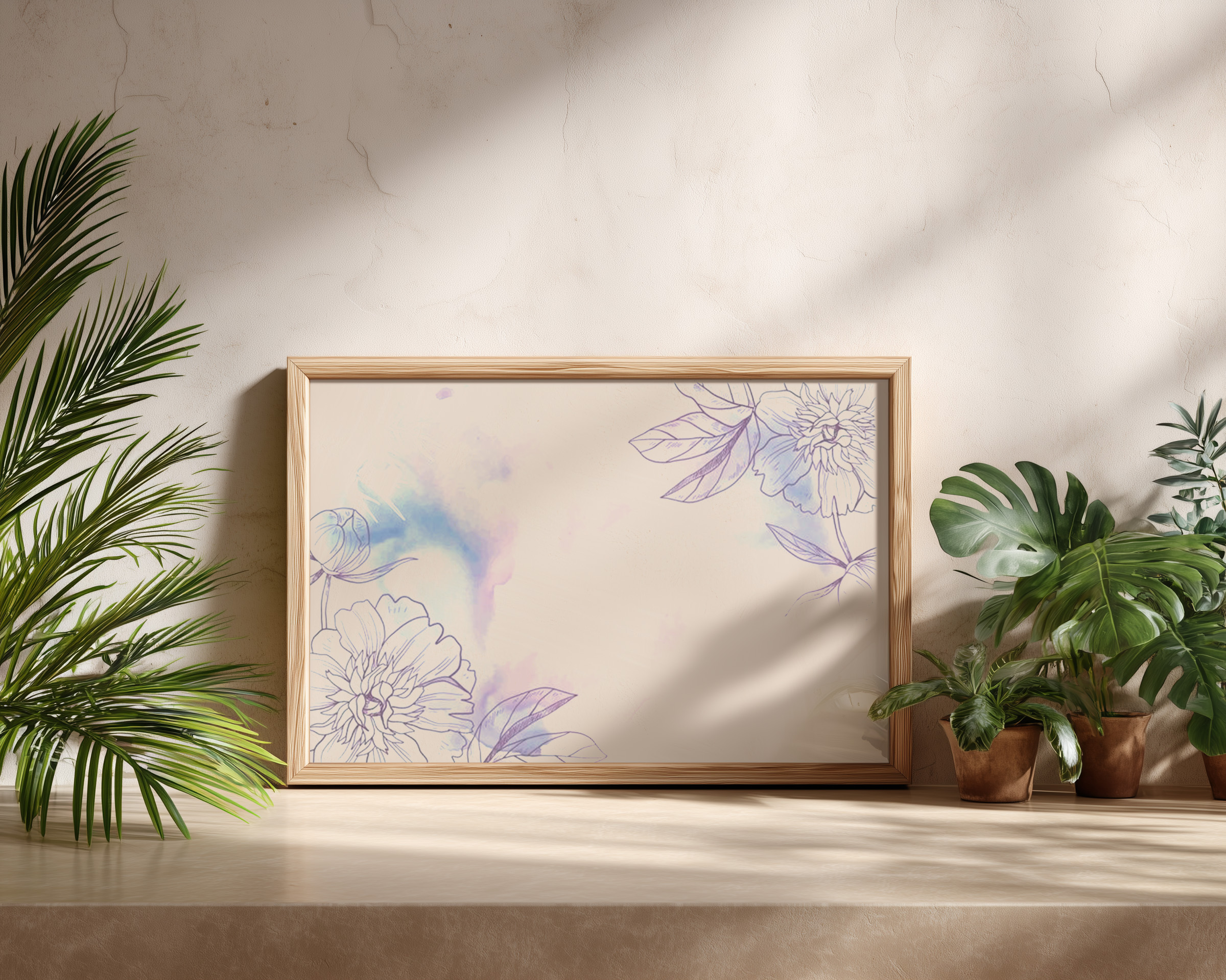 Purple Watercolor Floral Background – Elegant Peony Line Art Printable Wall Decor