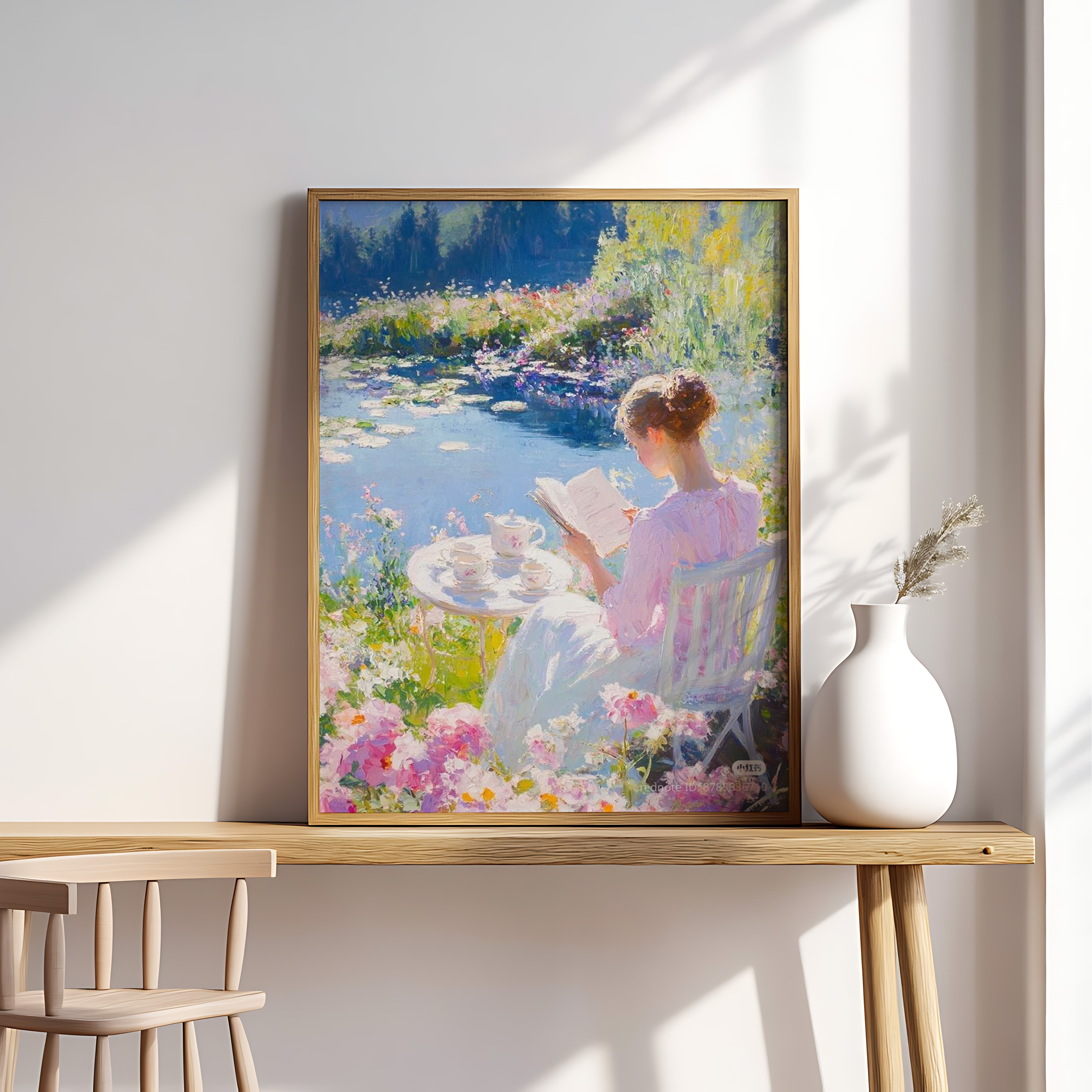 Garden Serenity – Elegant Lady Reading by the Lakeside Wall Art