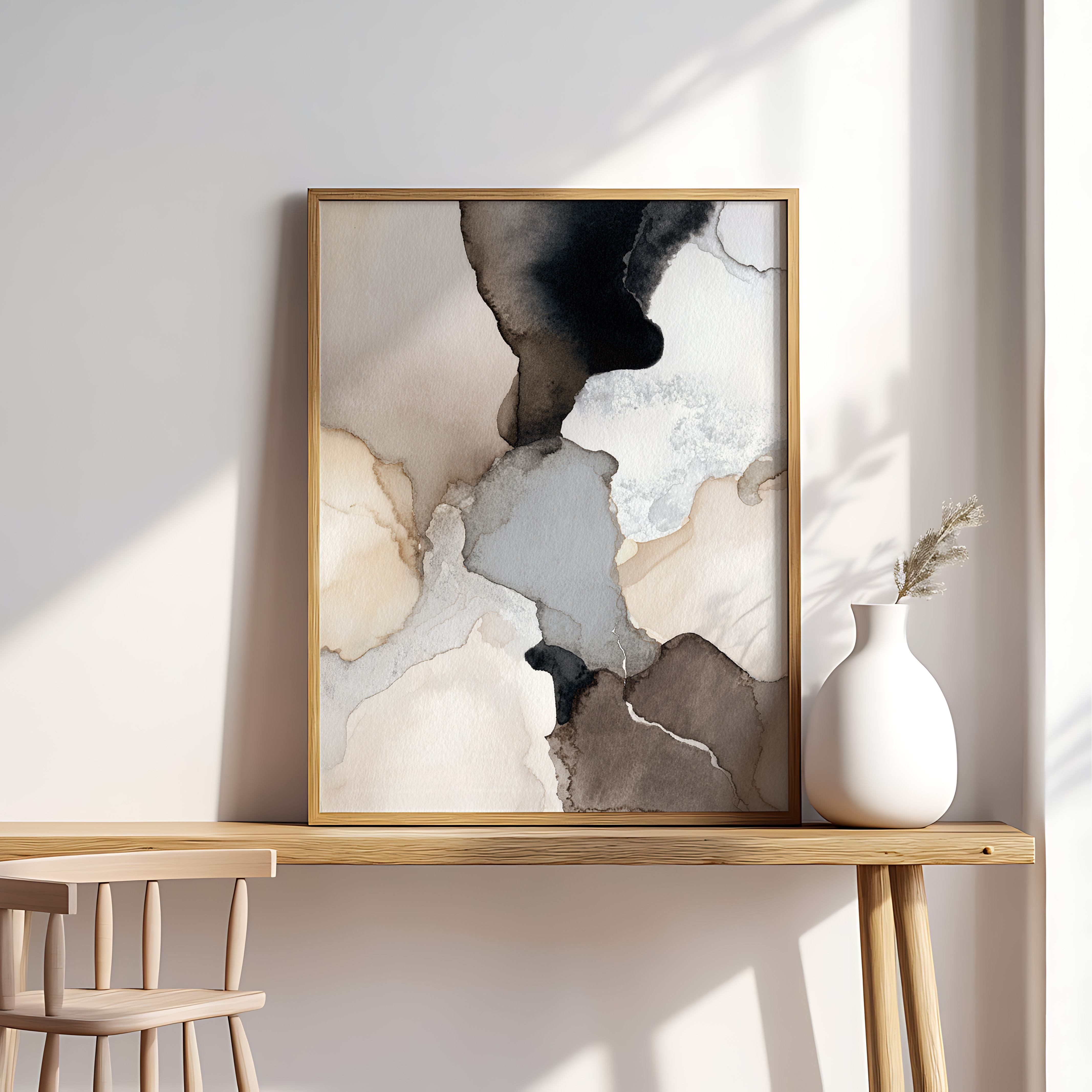 Neutral Abstract Watercolor Wall Art – Modern Minimalist Ink Wash Print