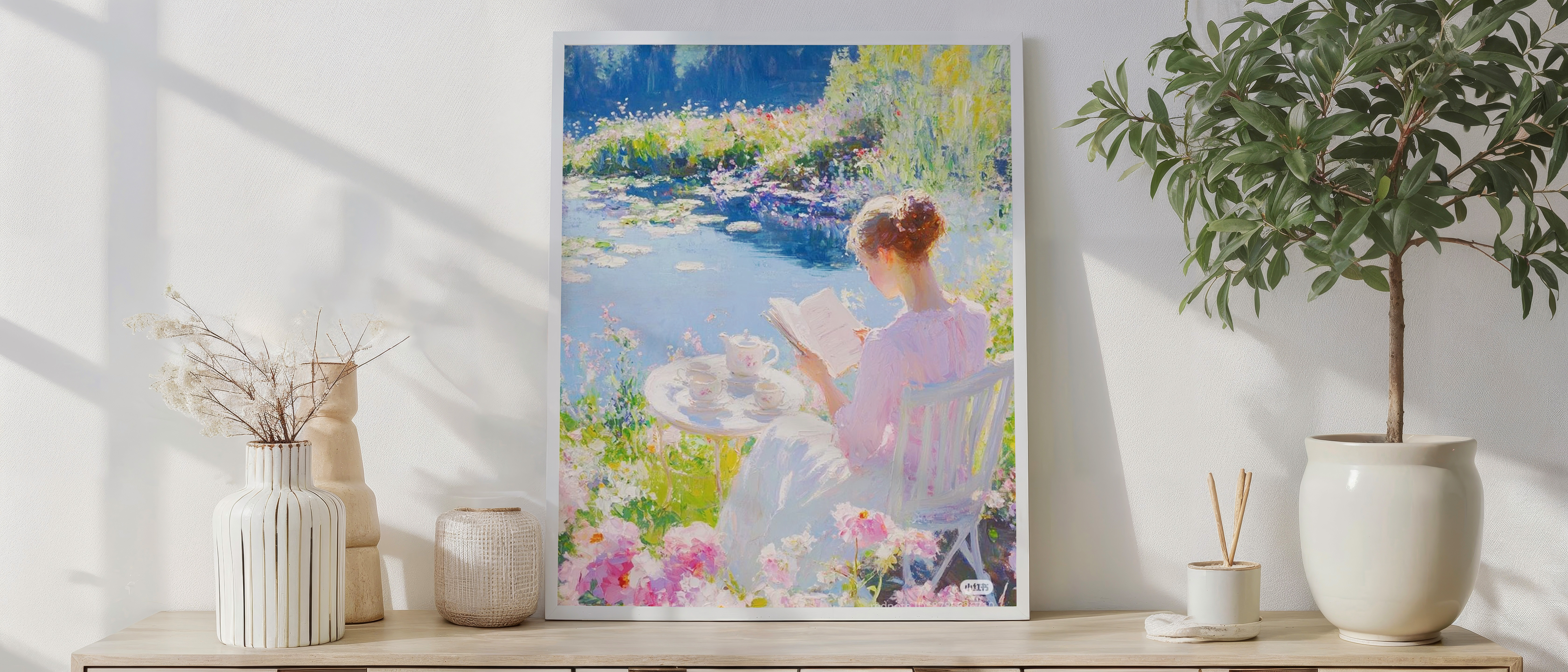 Garden Serenity – Elegant Lady Reading by the Lakeside Wall Art