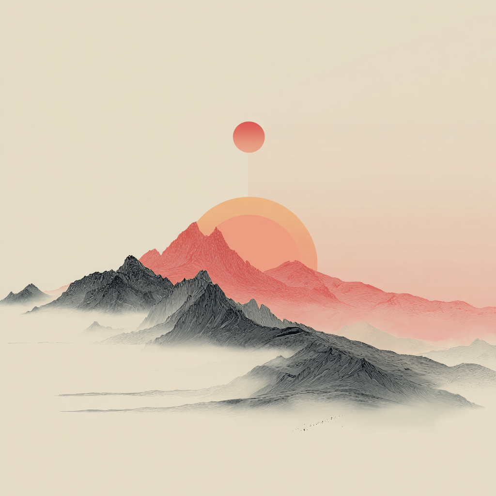 Blush Horizons – Minimalist Red Sun Mountainscape Wall Art