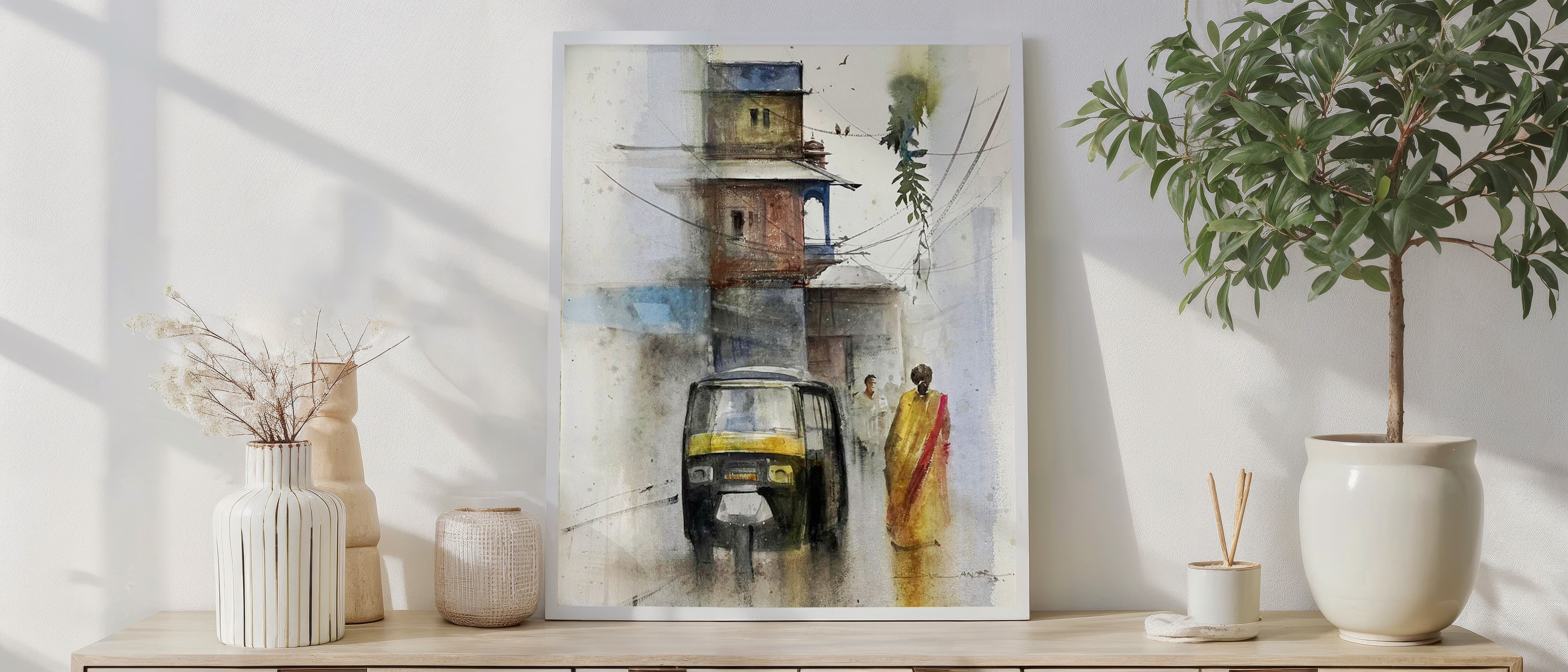 Indian Street Auto Rickshaw Wall Art | Urban Watercolor Painting