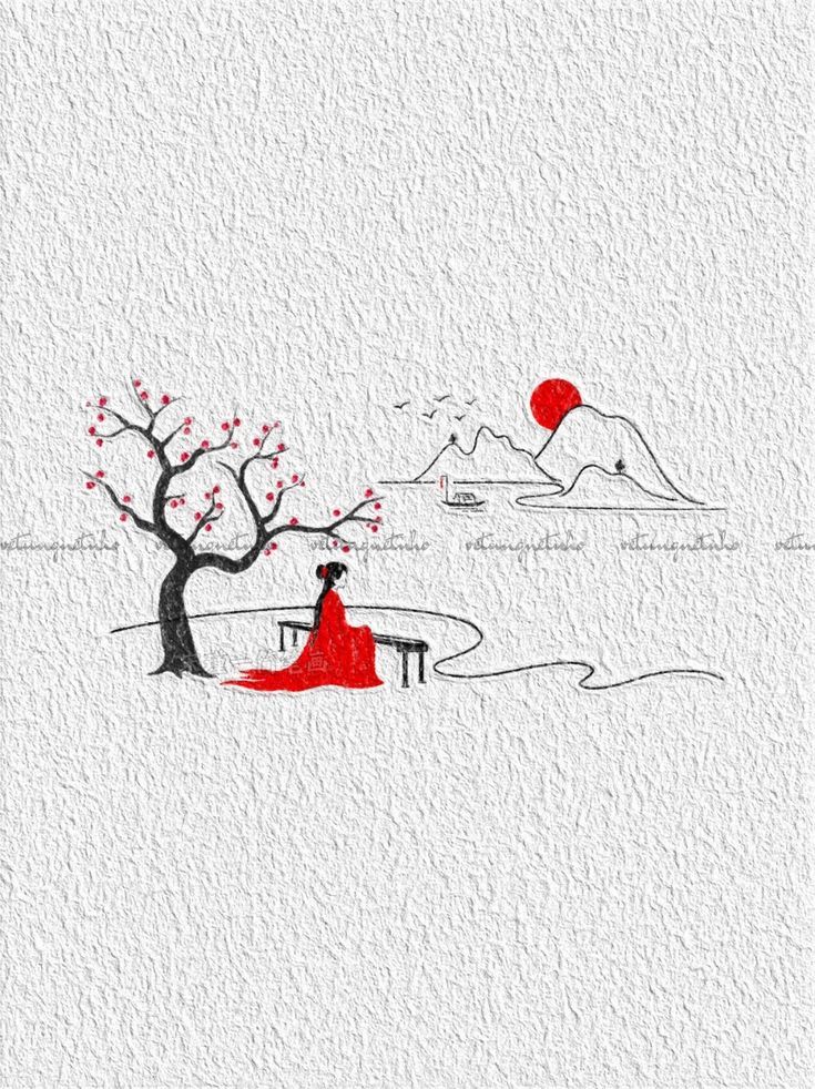Minimalist Asian Landscape Art – Woman in Red Under Blossom Tree