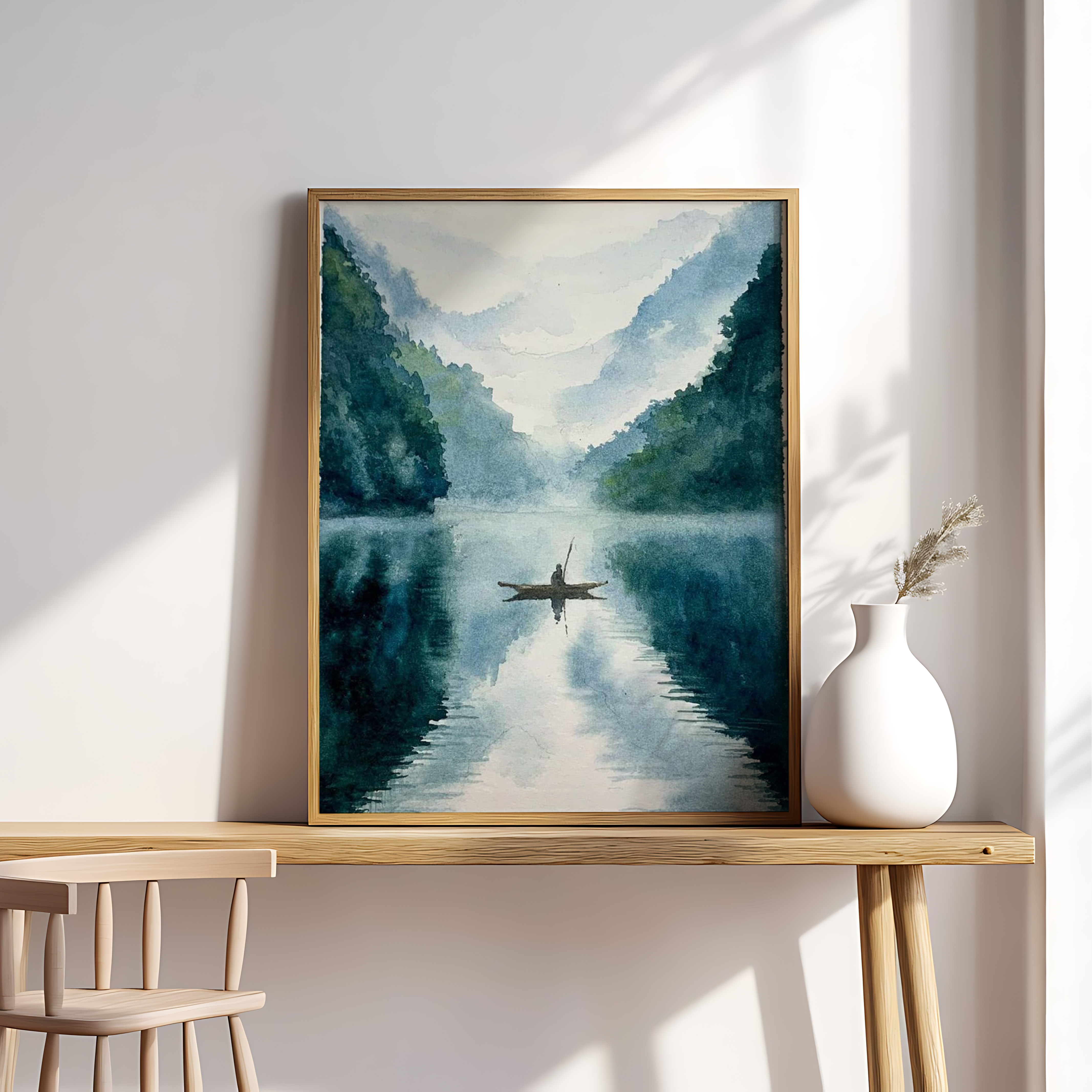 Misty Reflections – Tranquil Lake Kayaker Wall Art