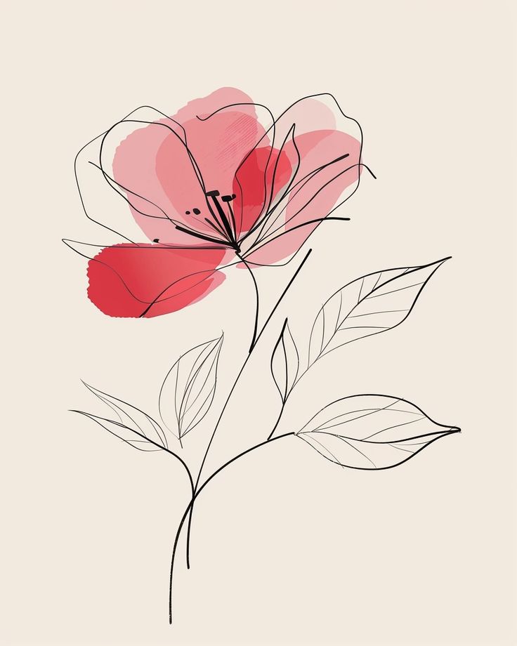 Minimal Line Art Floral Illustration – Red Abstract Flower Wall Art Print