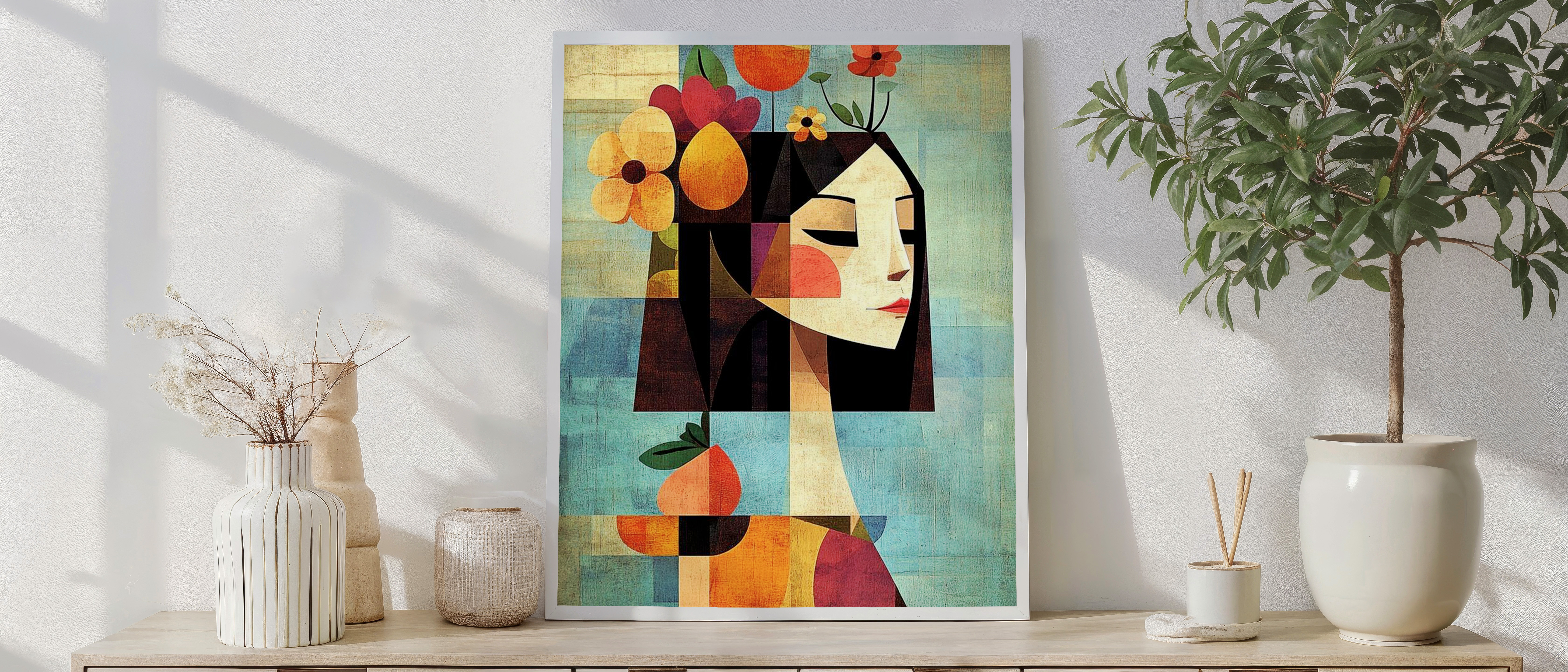 Abstract Floral Woman Portrait Wall Art – Modern Cubist Face with Botanical Elements