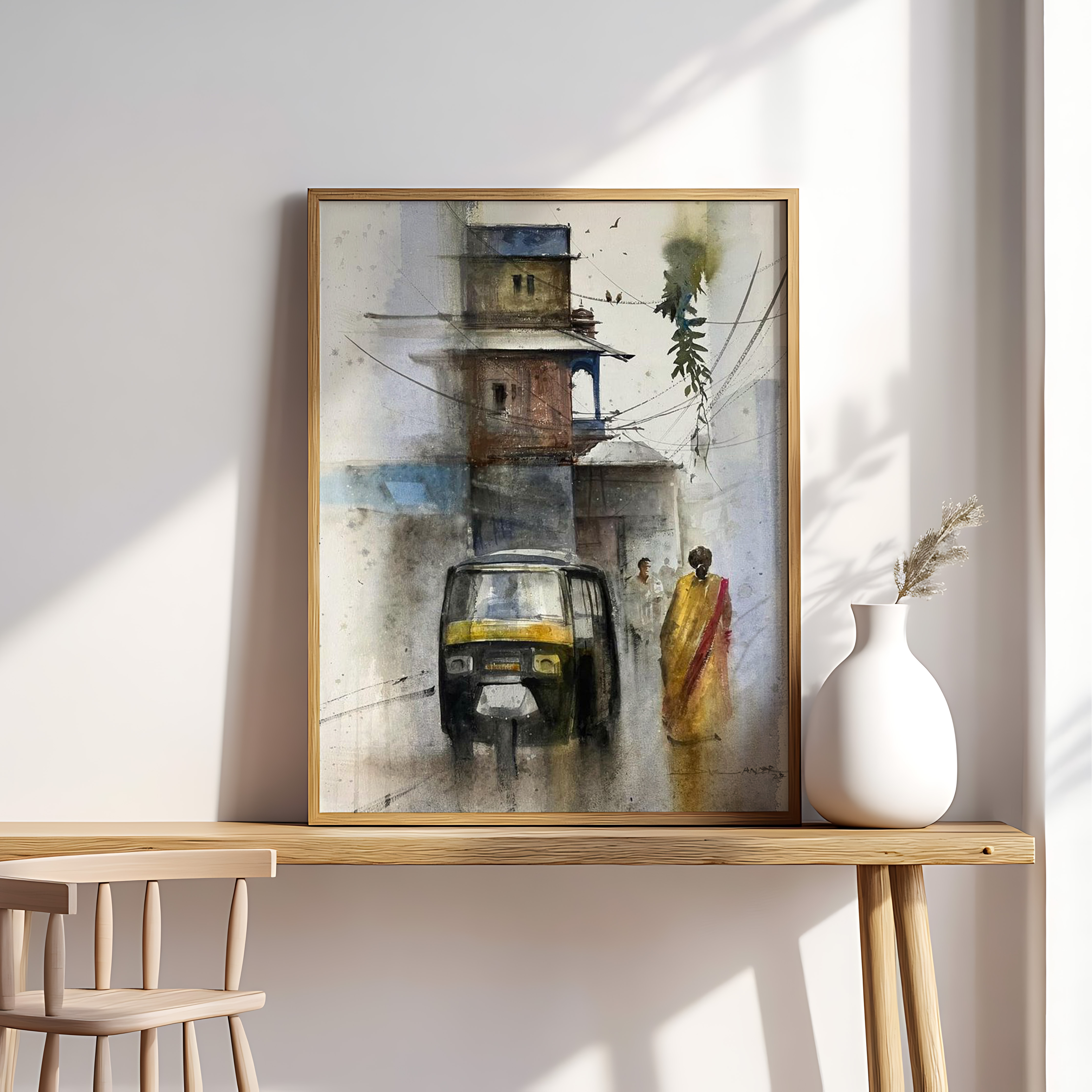 Indian Street Auto Rickshaw Wall Art | Urban Watercolor Painting