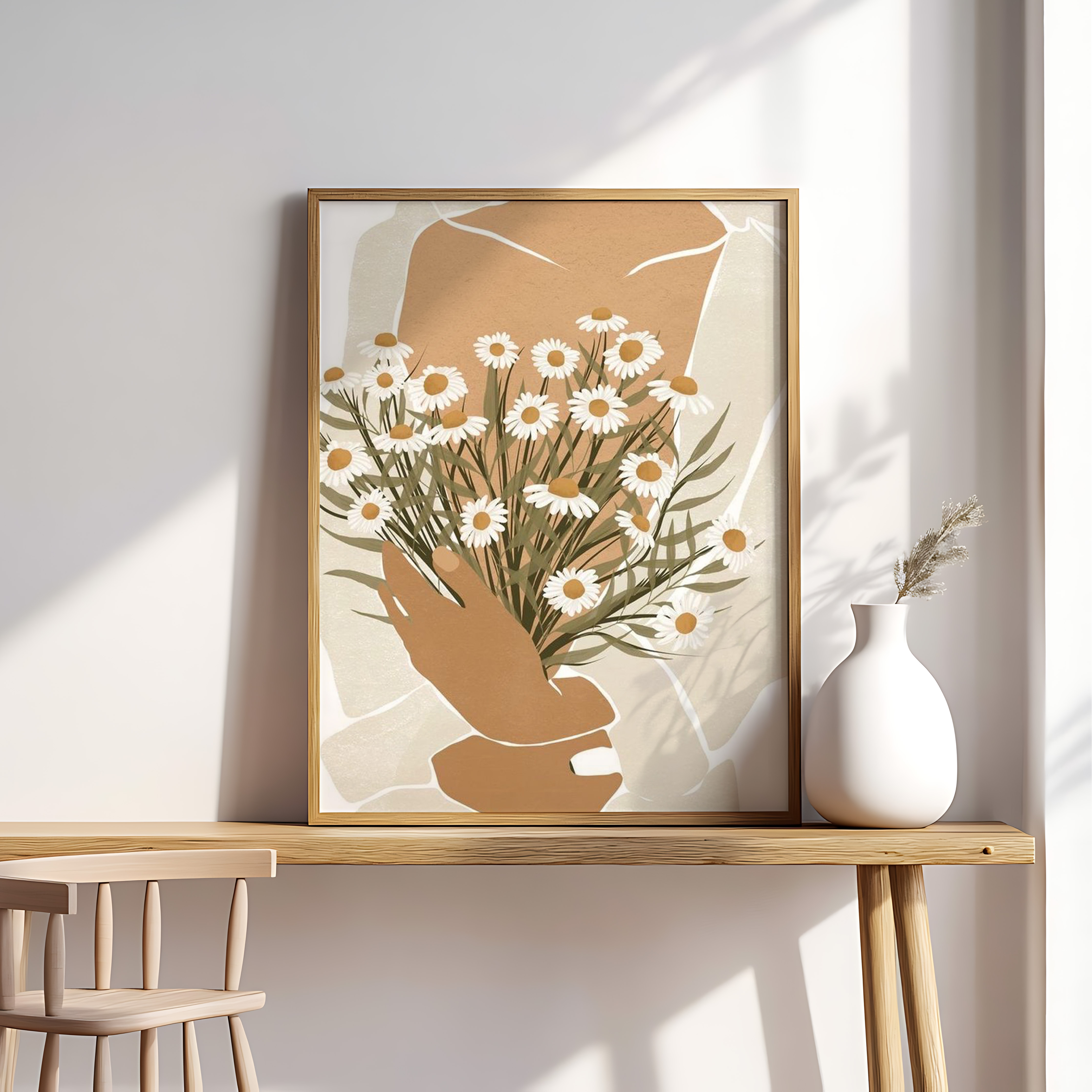 Minimalist Woman Holding Daisies – Floral Art Print