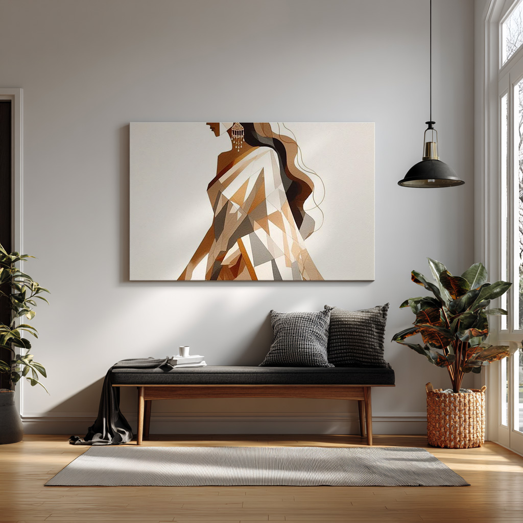 Modern Indian Woman Wall Art – Abstract Geometric Saree Design