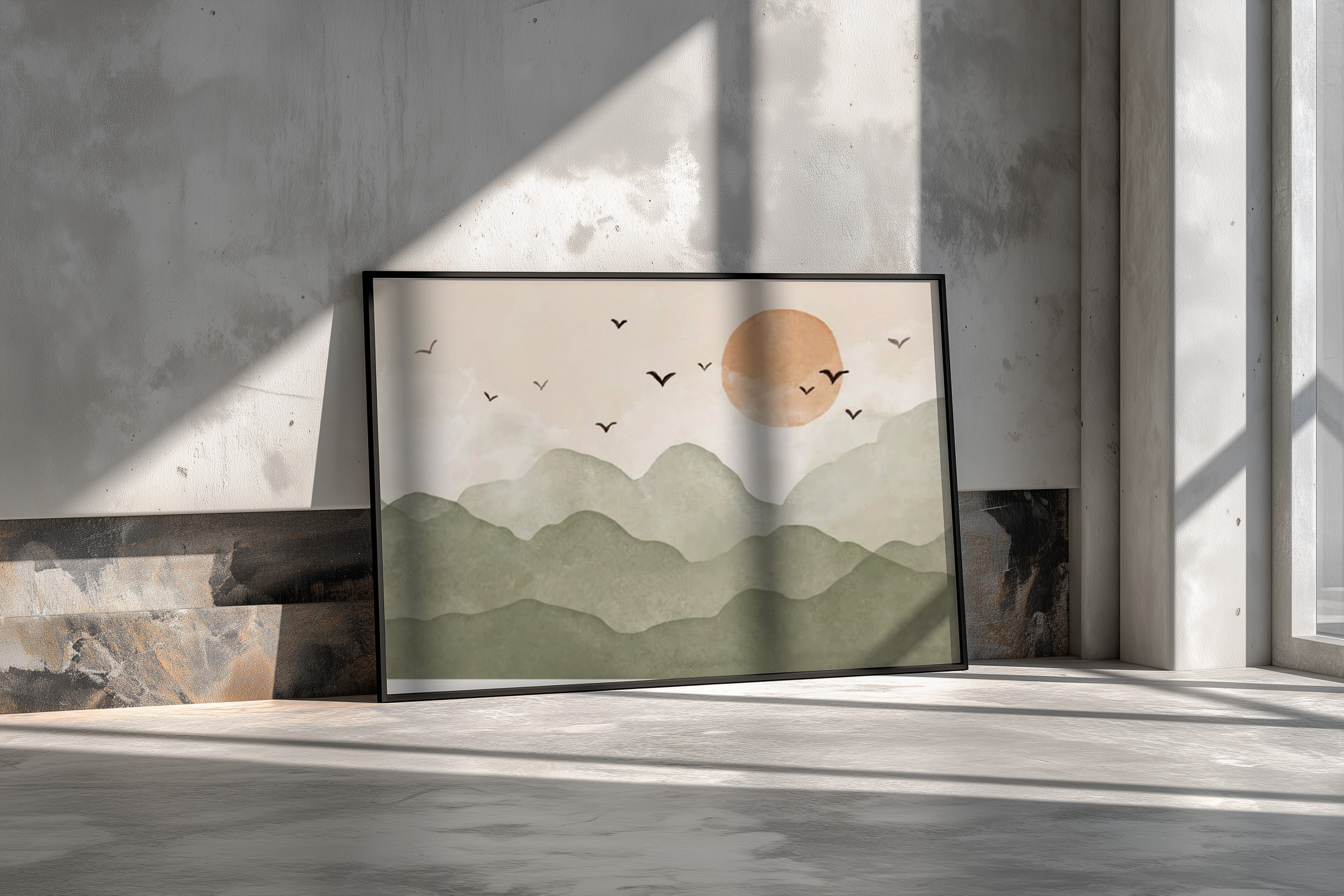 Earthbound Serenity – Minimalist Sunset Mountain Wall Art