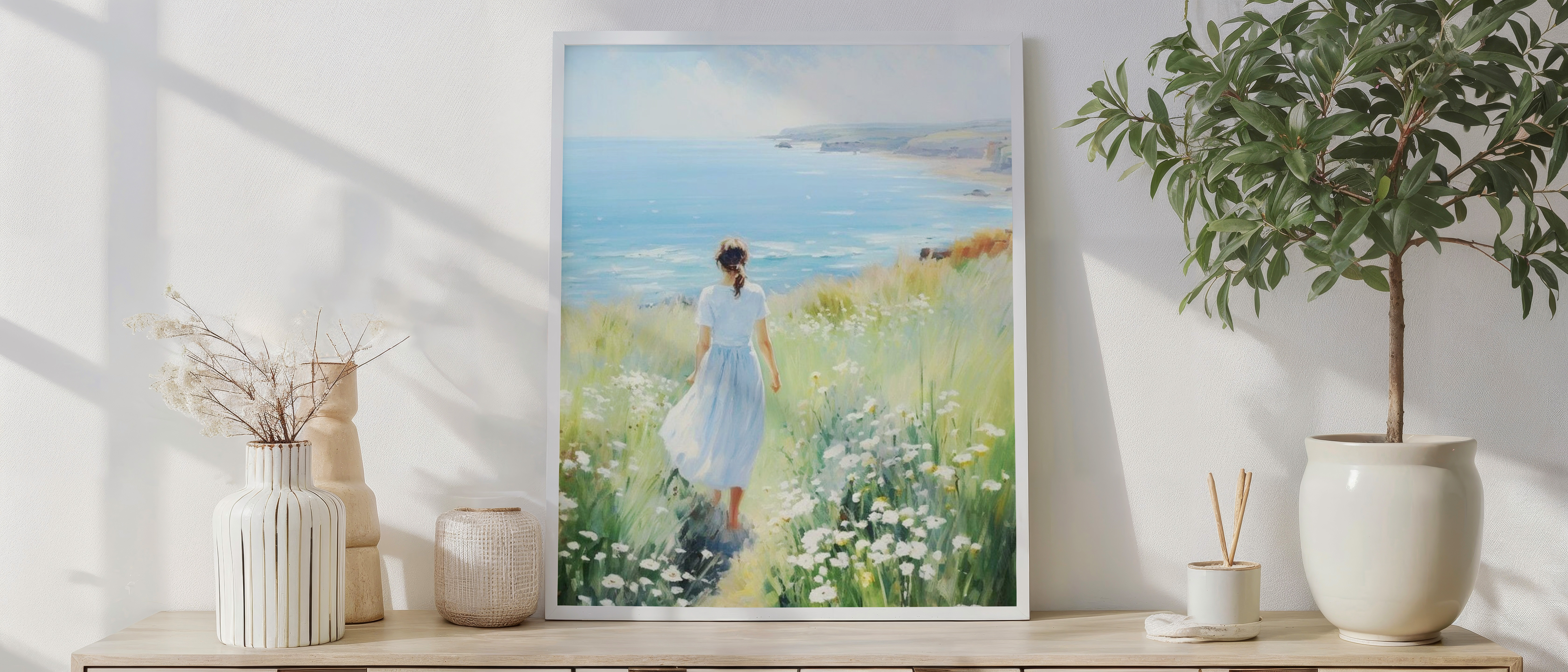 Coastal Serenity – Girl Walking by the Sea Wall Art