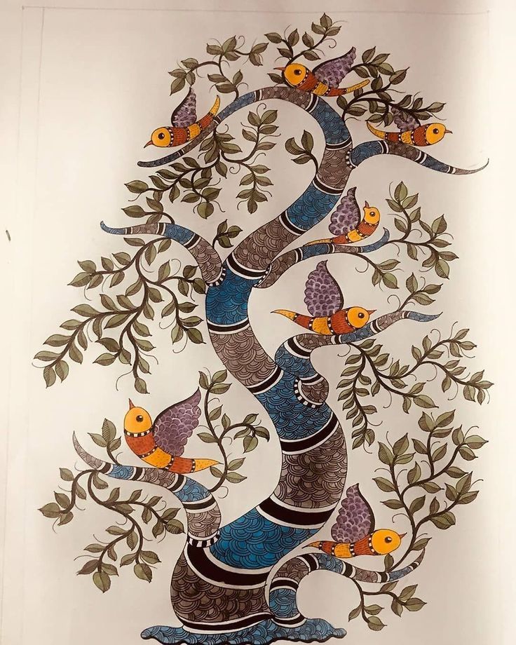 Intricate Folk Art Tree of Life with Birds – Traditional Hand-Painted Decor