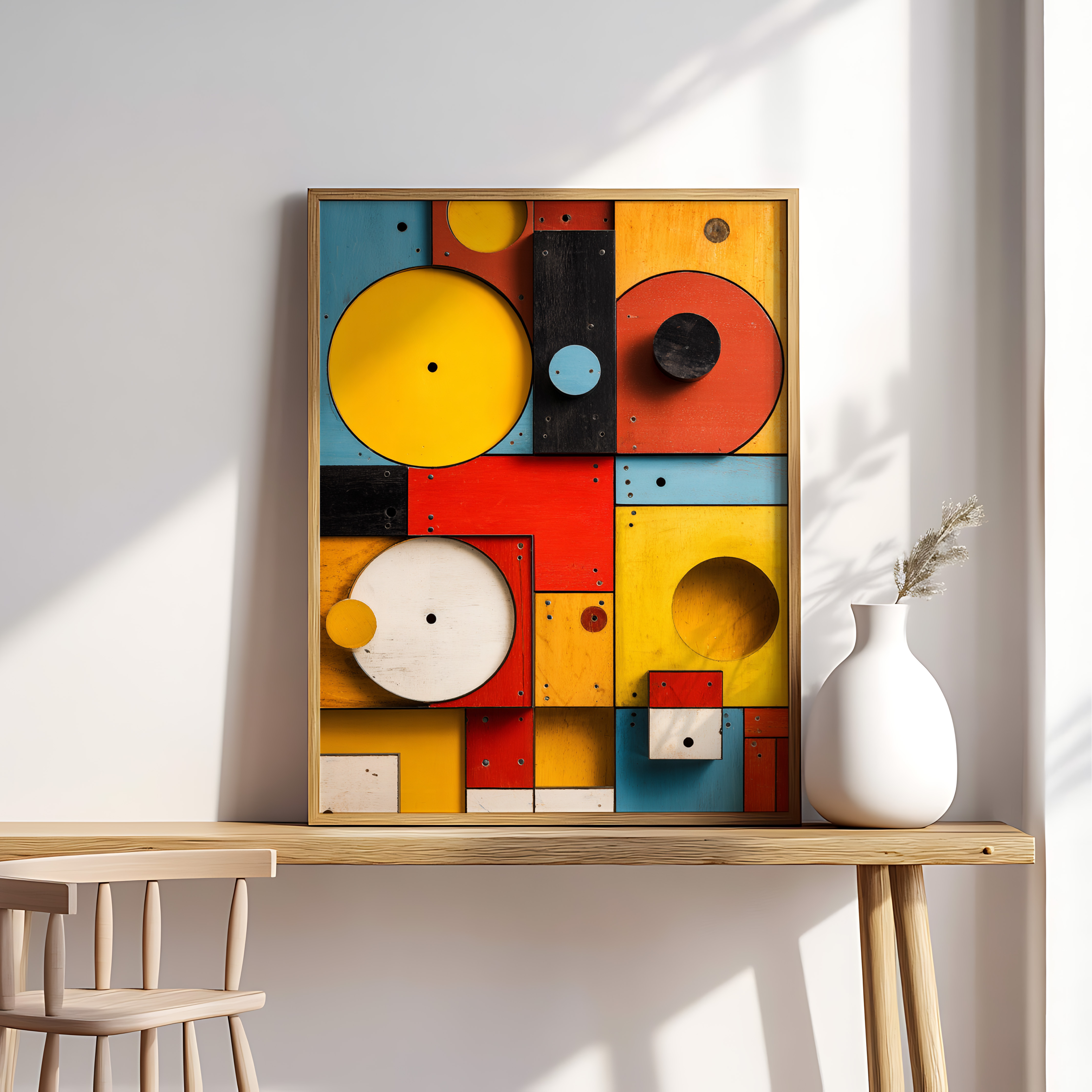 Modern Geometric Wall Art – Bold Bauhaus-Inspired Abstract Shapes in Red, Yellow & Blue
