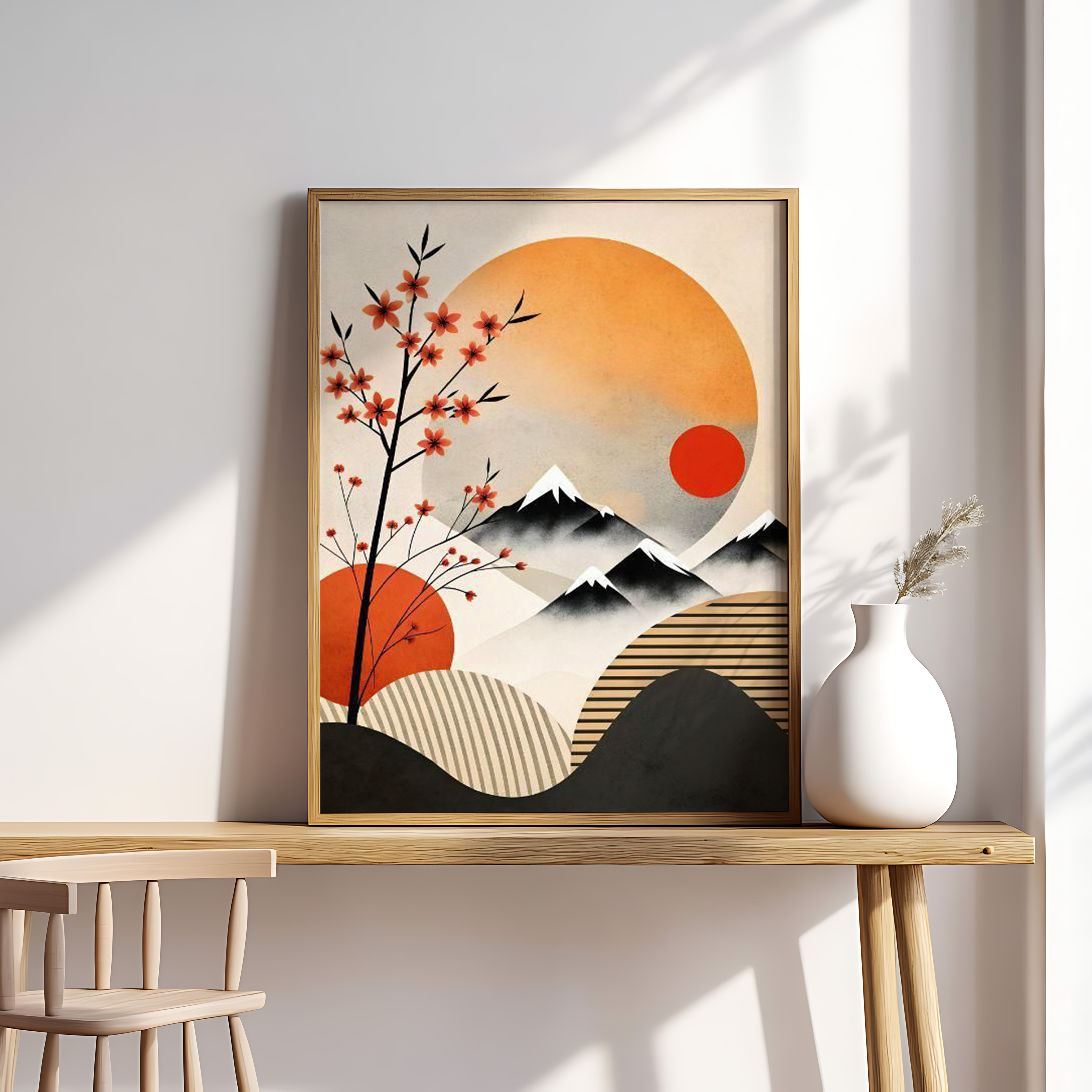 Japanese Sunrise Mountain Art Print – Modern Oriental Wall Décor