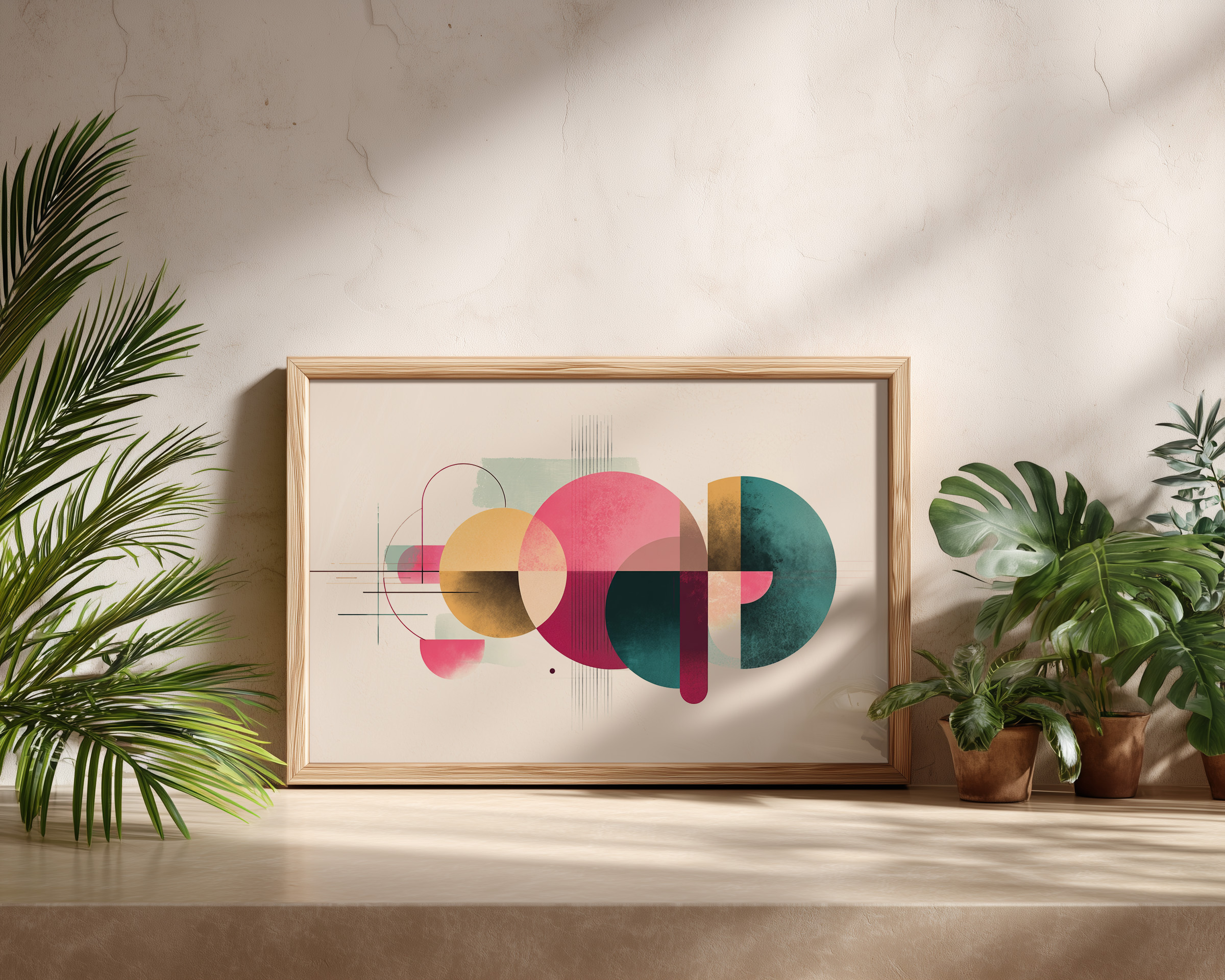 Modern Geometric Wall Art – Abstract Mid-Century Shapes Print in Teal, Pink & Mustard