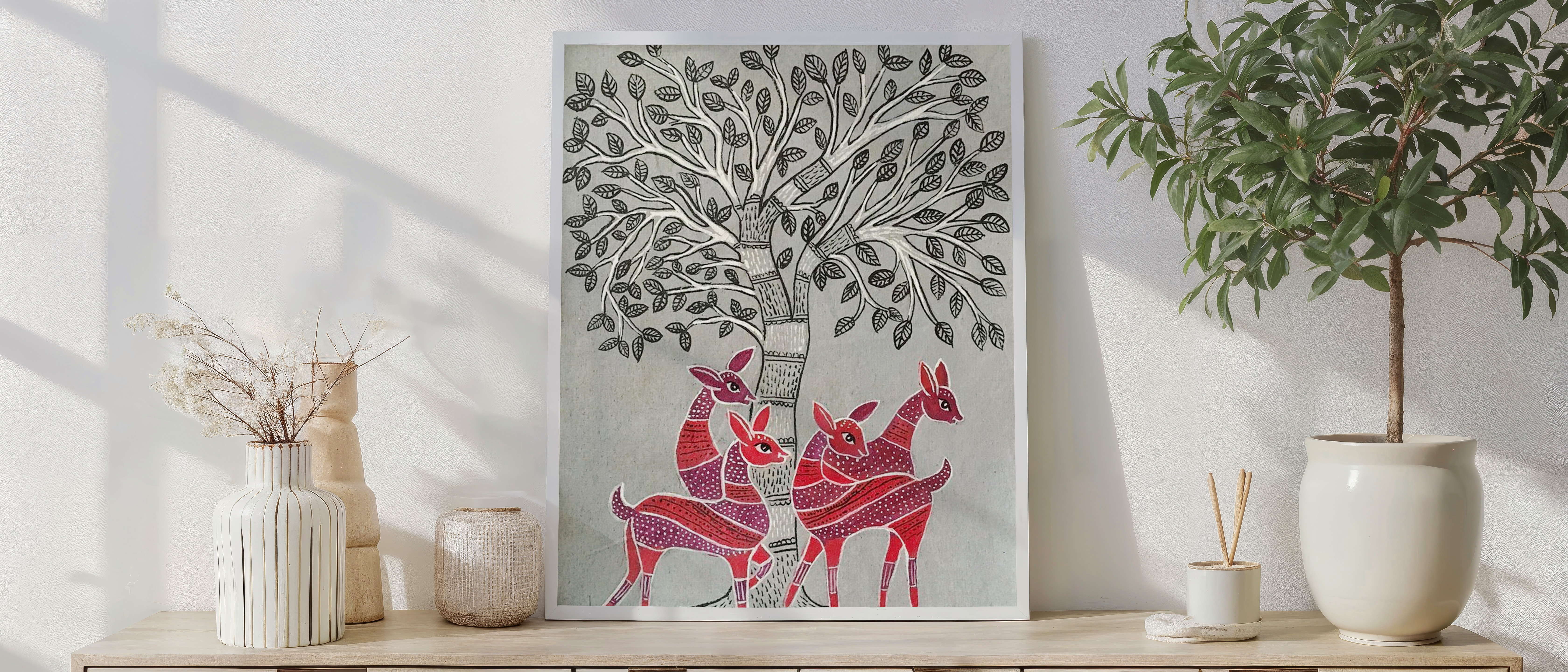 Folk Art Deer Family Under Tree – Traditional Tribal Nature Illustration