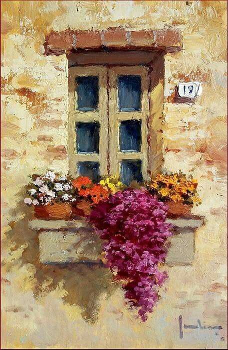 Sunlit Window Blooms – Rustic Floral Balcony Wall Art
