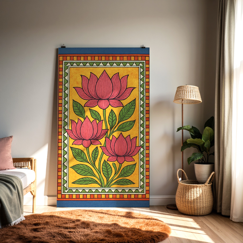 Traditional Indian Lotus Folk Art Print – Vibrant Floral Wall Décor