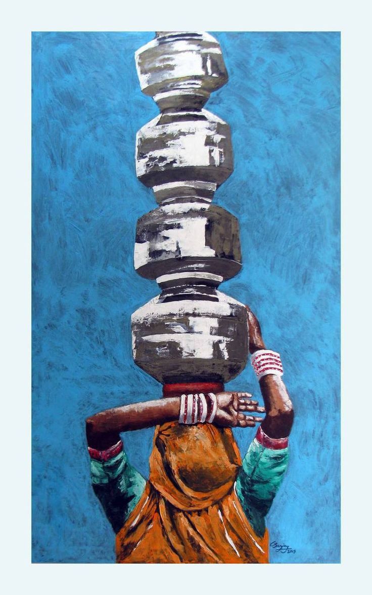 Indian Woman Carrying Water Pots Wall Art | Rural Life Painting