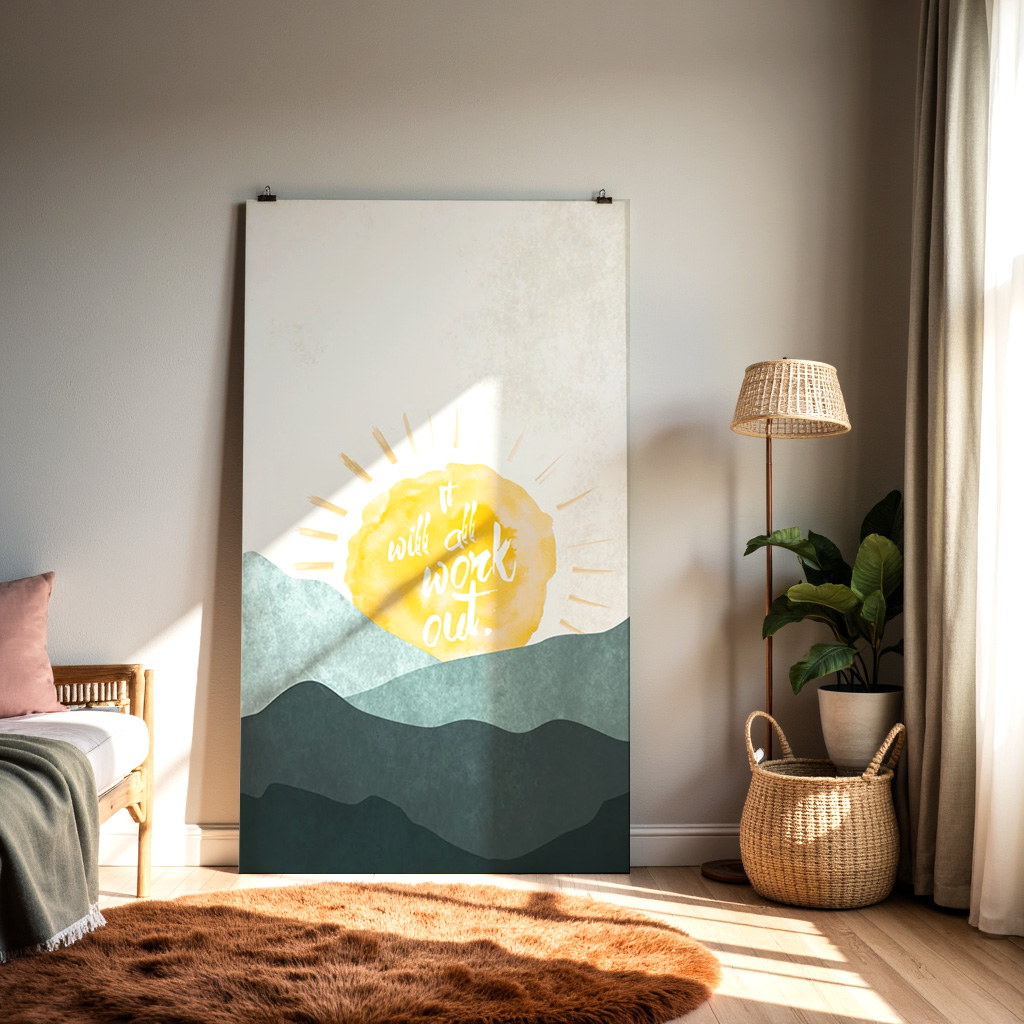 It Will All Work Out Wall Art – Minimal Sun & Mountains Inspirational Print