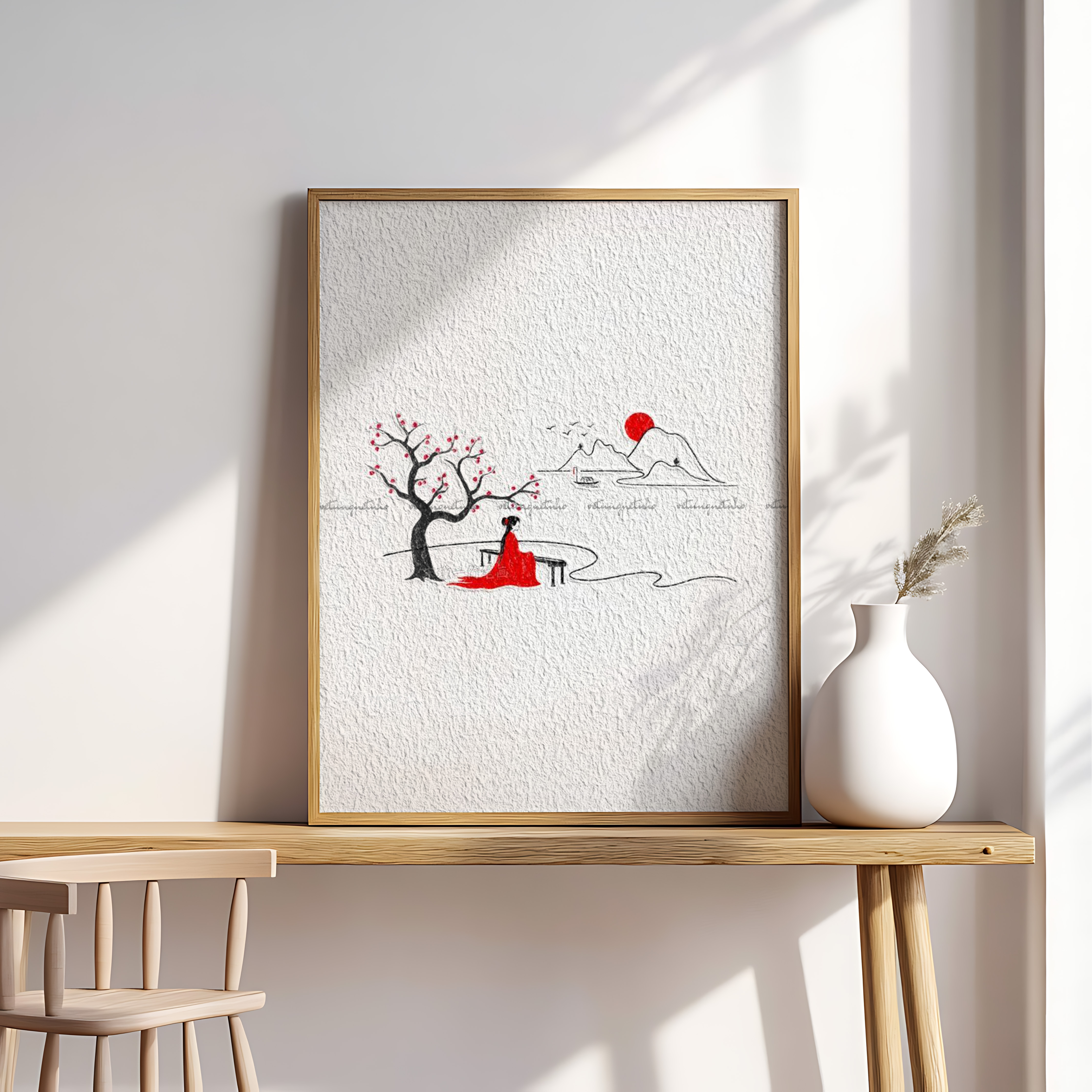 Minimalist Asian Landscape Art – Woman in Red Under Blossom Tree