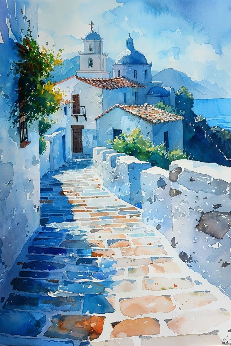 Aegean Pathway – Blue & White Coastal Village Wall Art