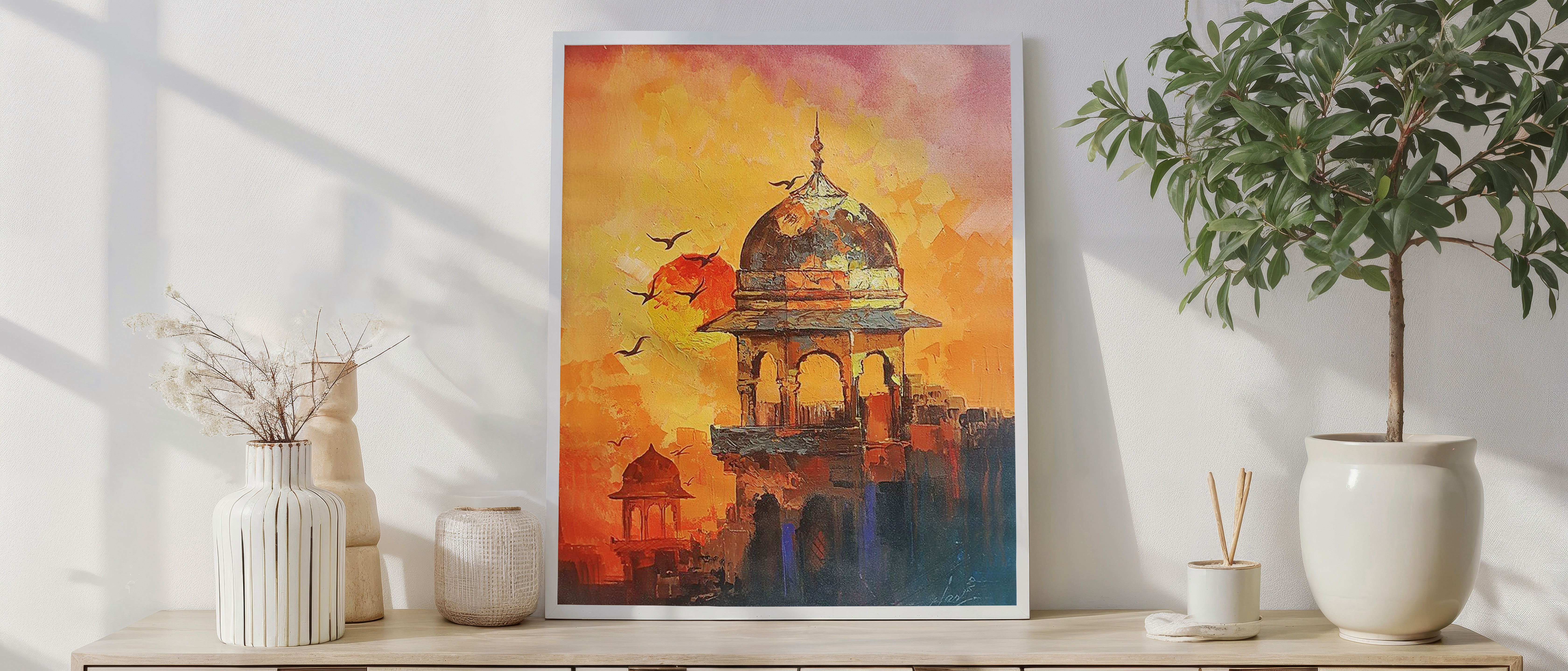 Indian Heritage Architecture Wall Art | Sunset Palace Dome Painting