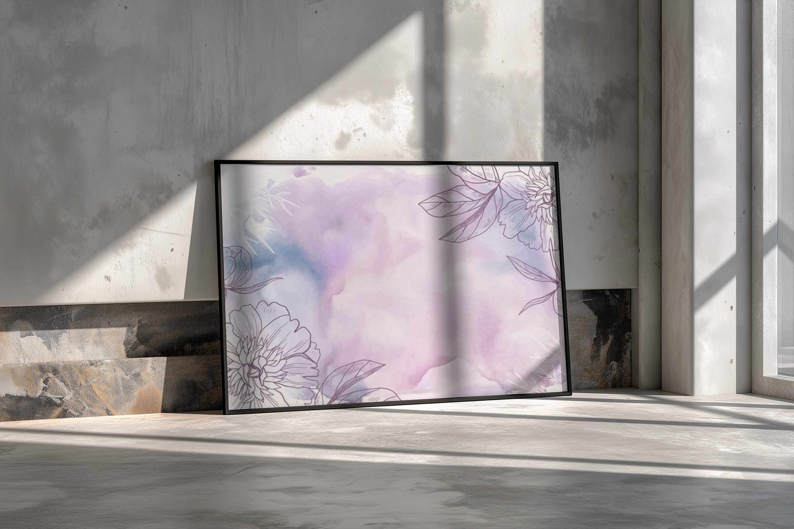 Purple Watercolor Floral Background – Elegant Peony Line Art Printable Wall Decor