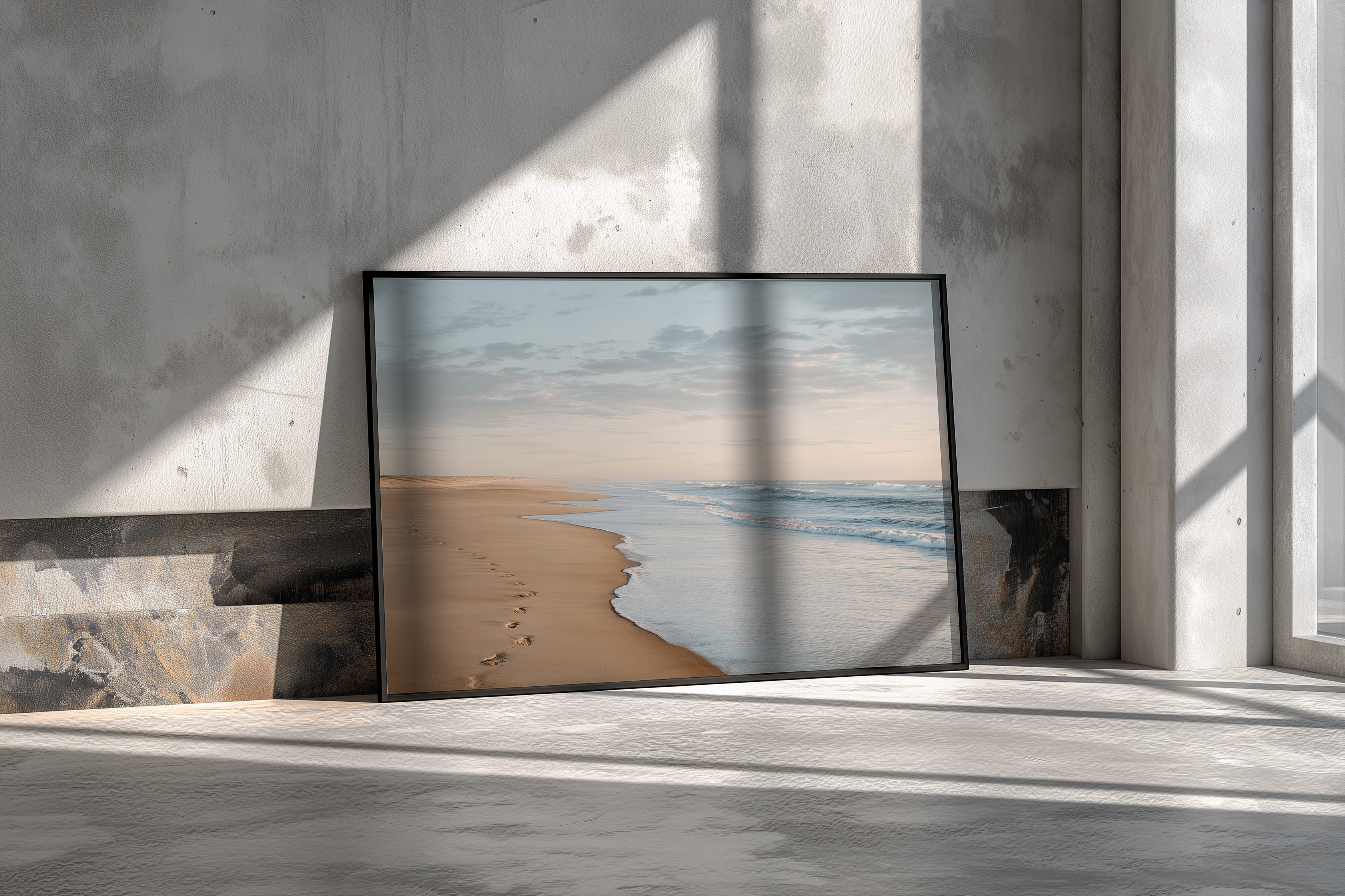 Golden Shoreline Serenity – Peaceful Footprints on Calm Beach Wall Art
