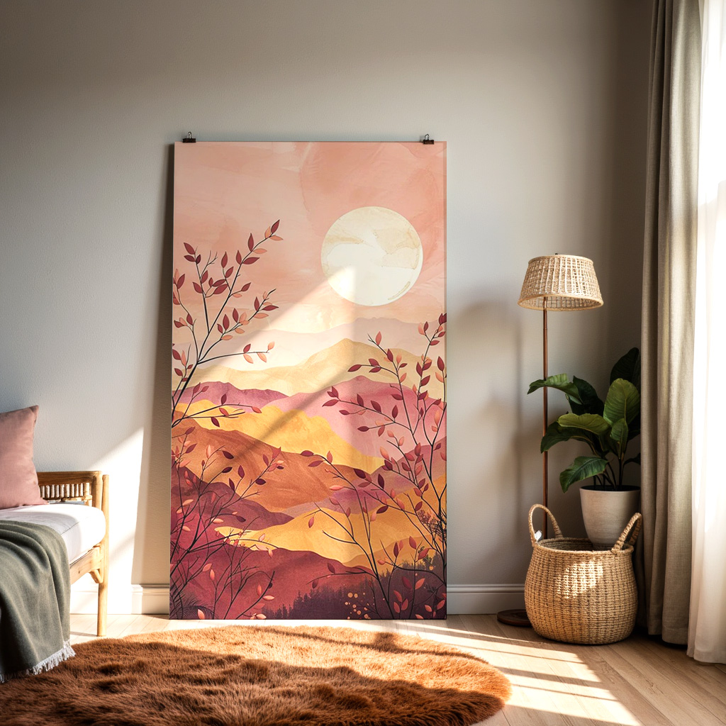 Sunset Mountain Landscape Art Print – Warm Scenic Wall Décor