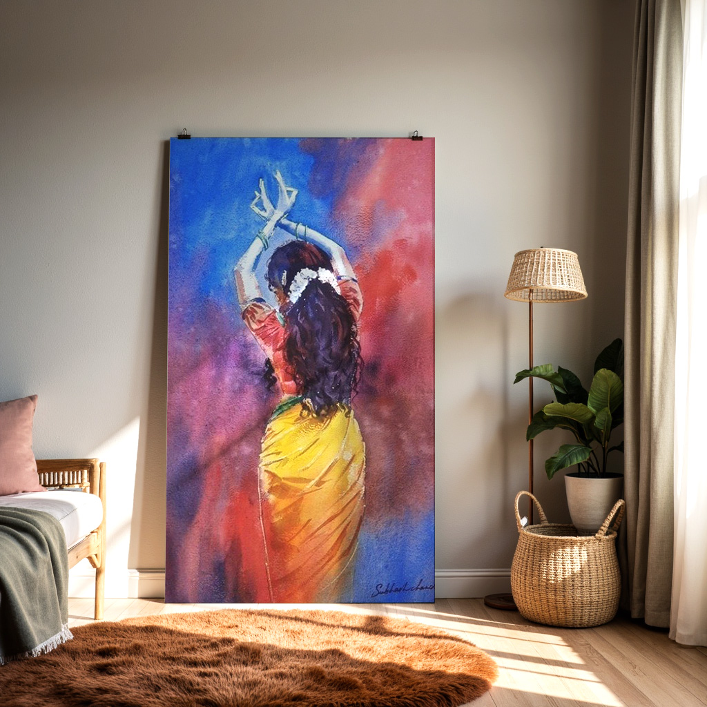 Indian Classical Dancer Wall Art | Colorful Watercolor Saree Painting