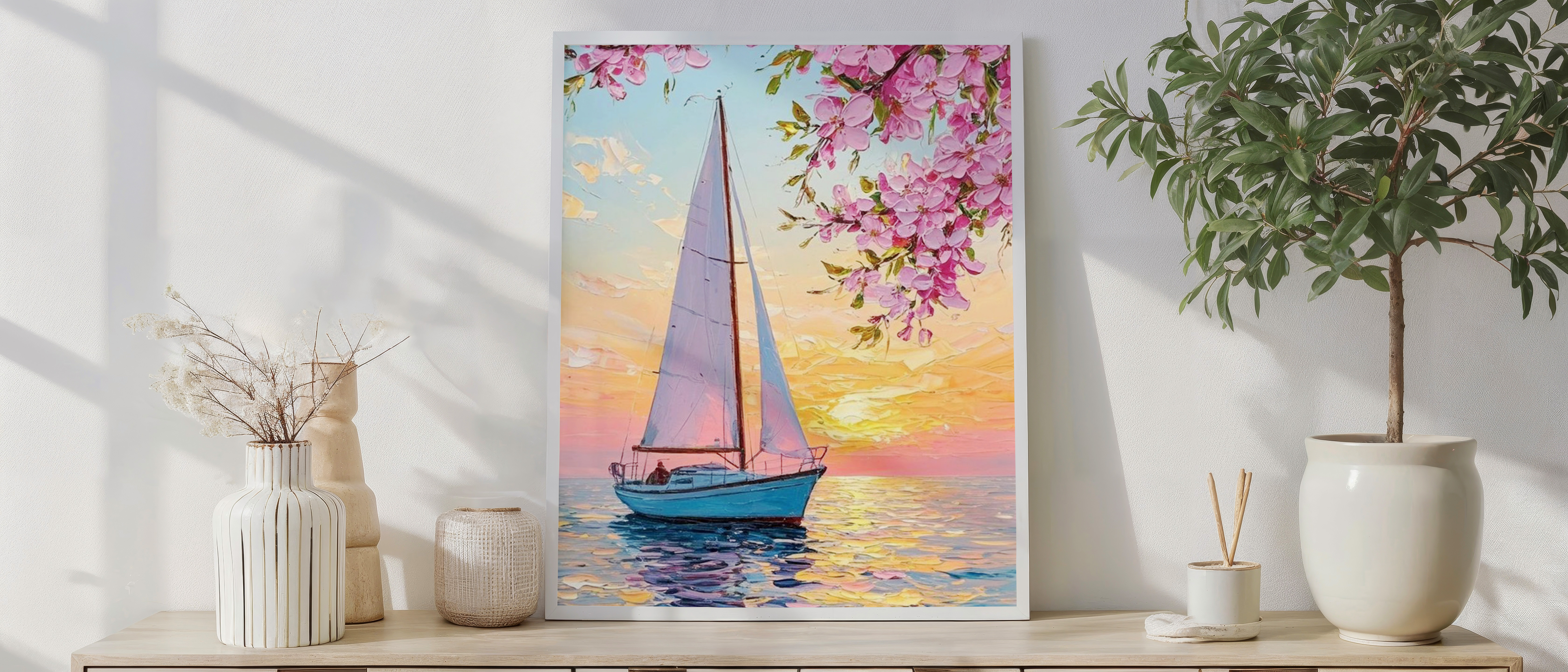 Blossoms at Sea – Serenity Sunset Sailboat Wall Art