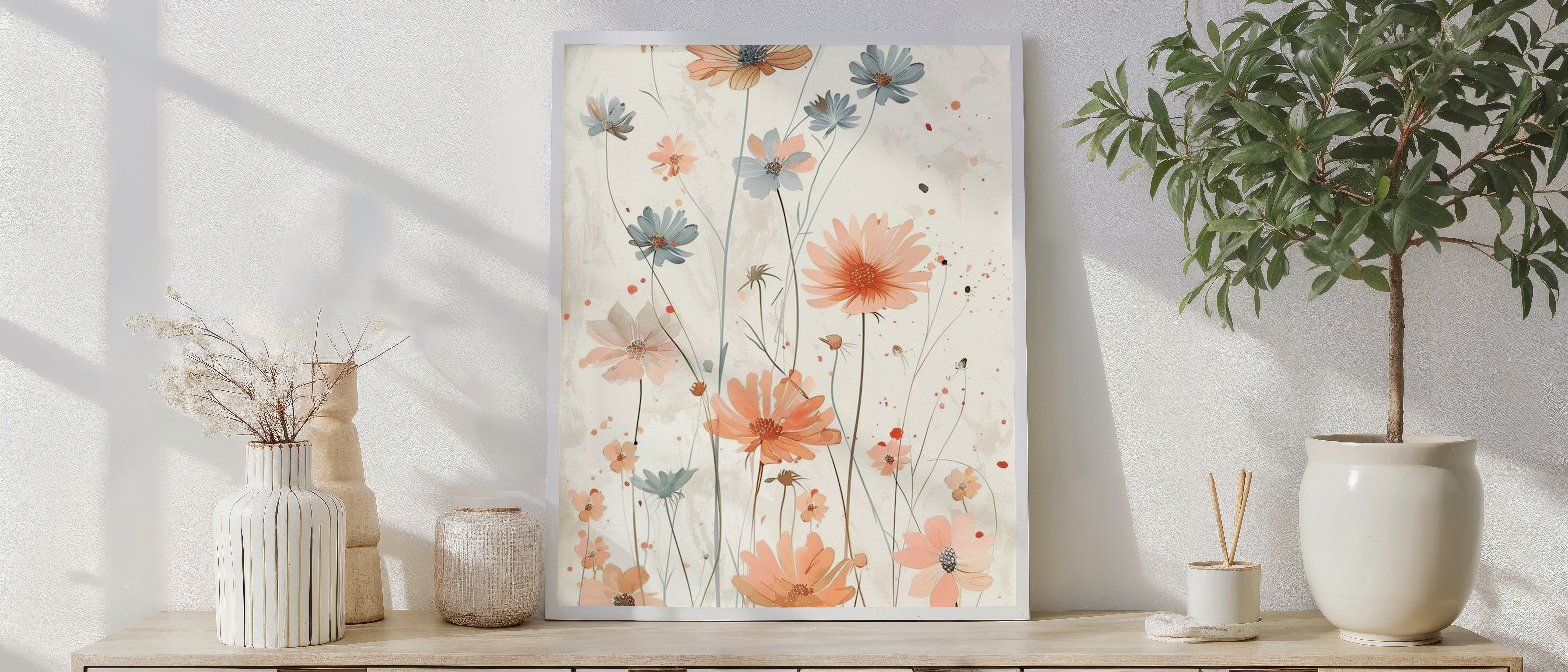 Wildflower Watercolor Print – Peach & Blue Botanical Wall Art, Modern Floral Illustration