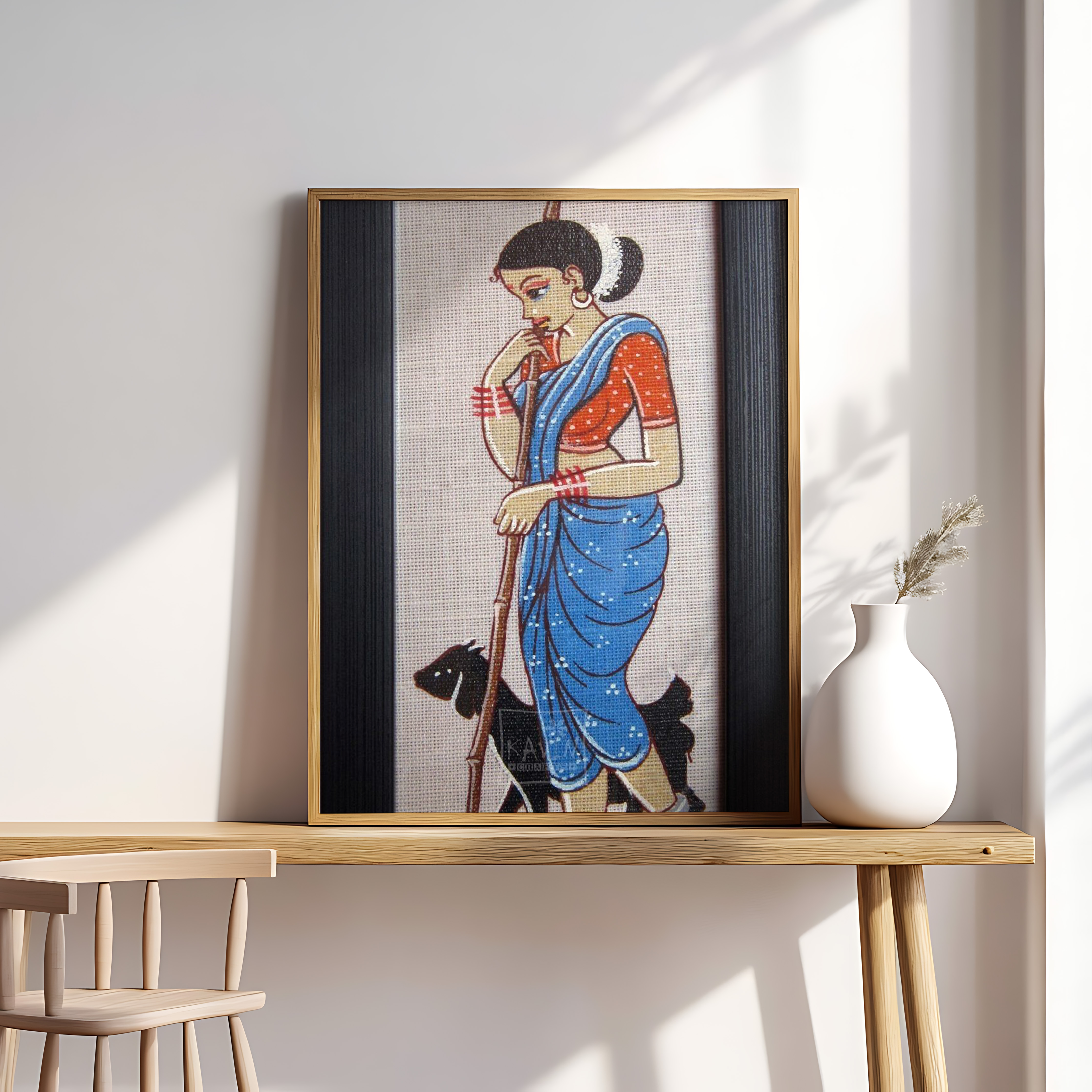 Folk Art Shepherd Woman with Staff – Traditional Rural Figurative Painting