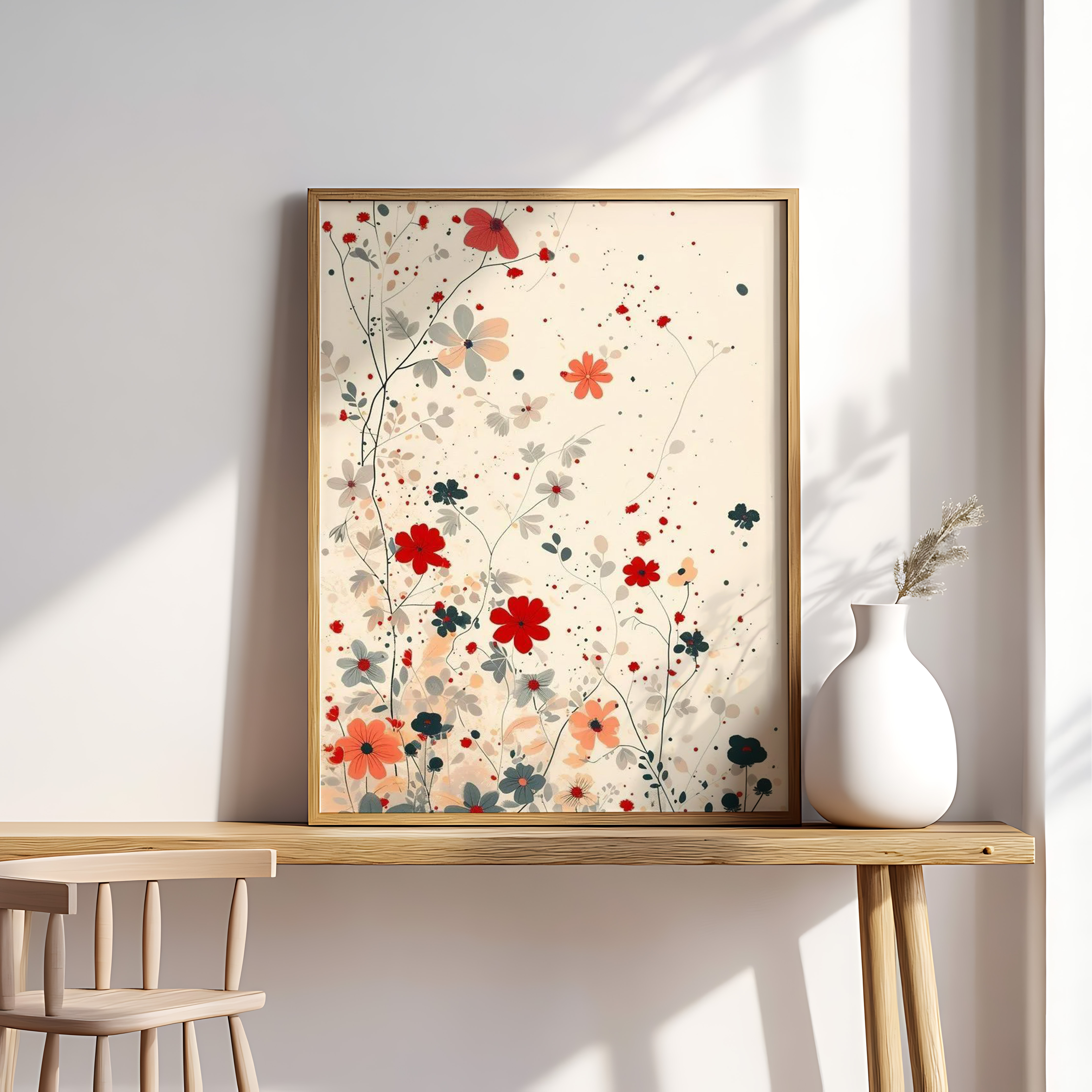 Wildflower Meadow Art Print – Red & Peach Floral Wall Art, Botanical Watercolor Illustration